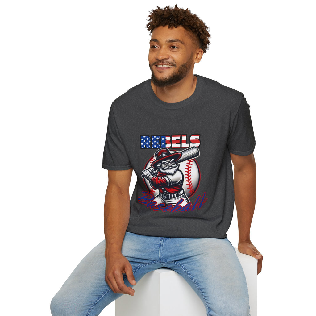 Rebels Baseball T-Shirt | Mascot Batter with American Flag Text