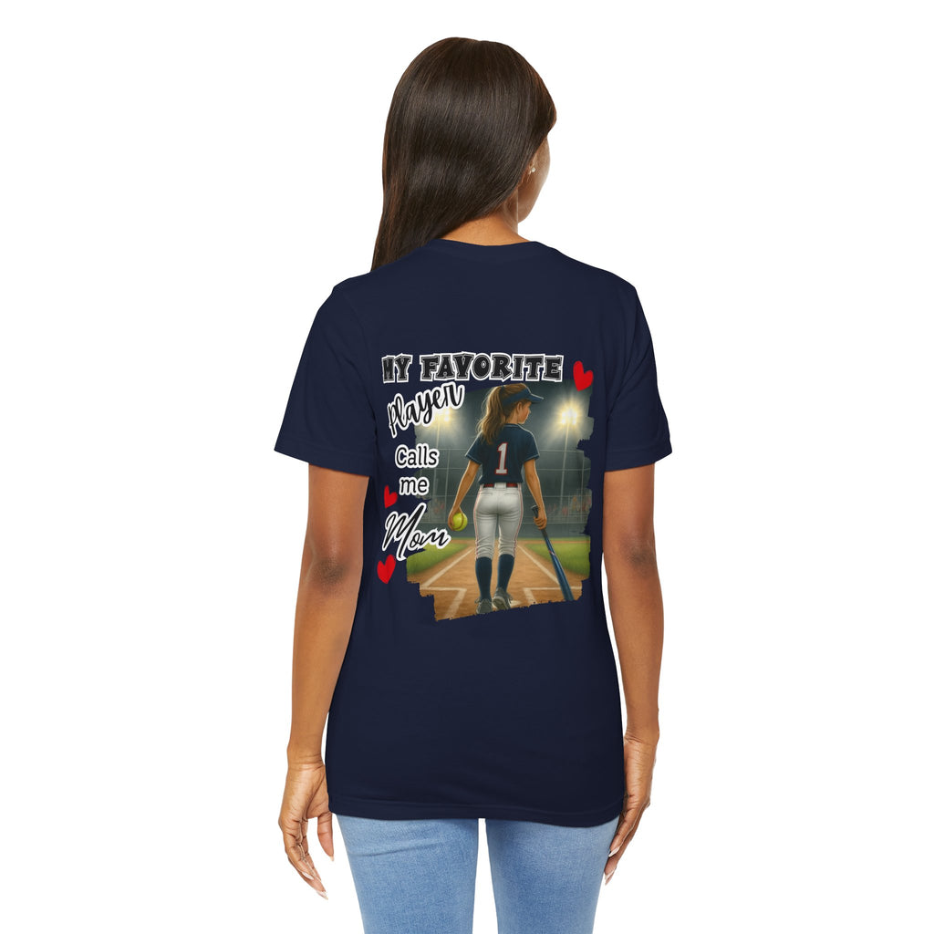 My Favorite Player Calls Me Mom Softball T-Shirt | Proud Softball Mom Tee | Game Day Shirt | Sports Mom Gift with Pocket Design