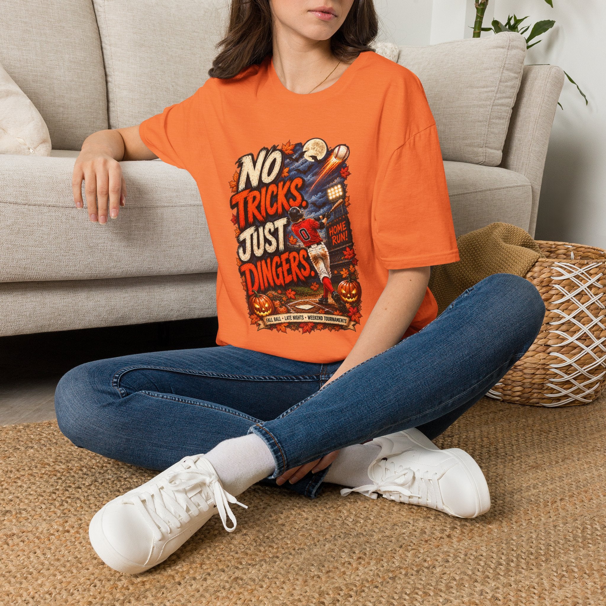 No Tricks Just Dingers T-Shirt | Halloween Baseball Pumpkin Moon Retro