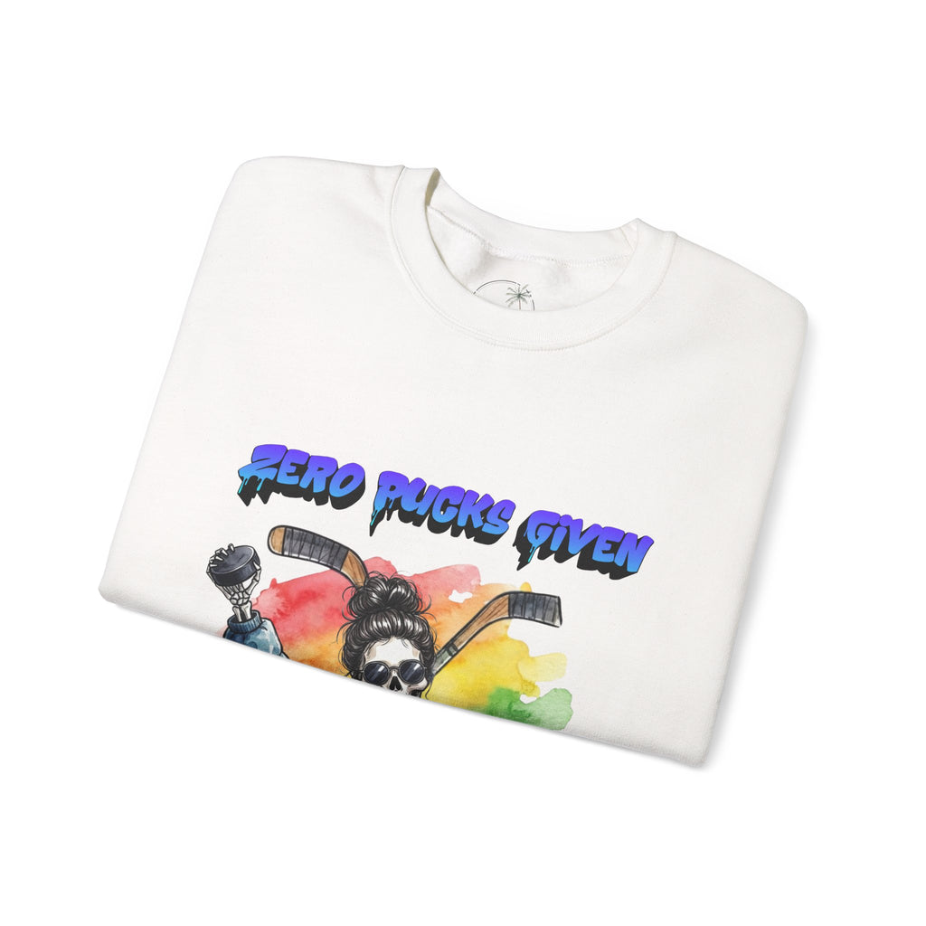Zero Pucks Given Skeleton Hockey Player Crewneck sweatshirt | Rainbow Graphic