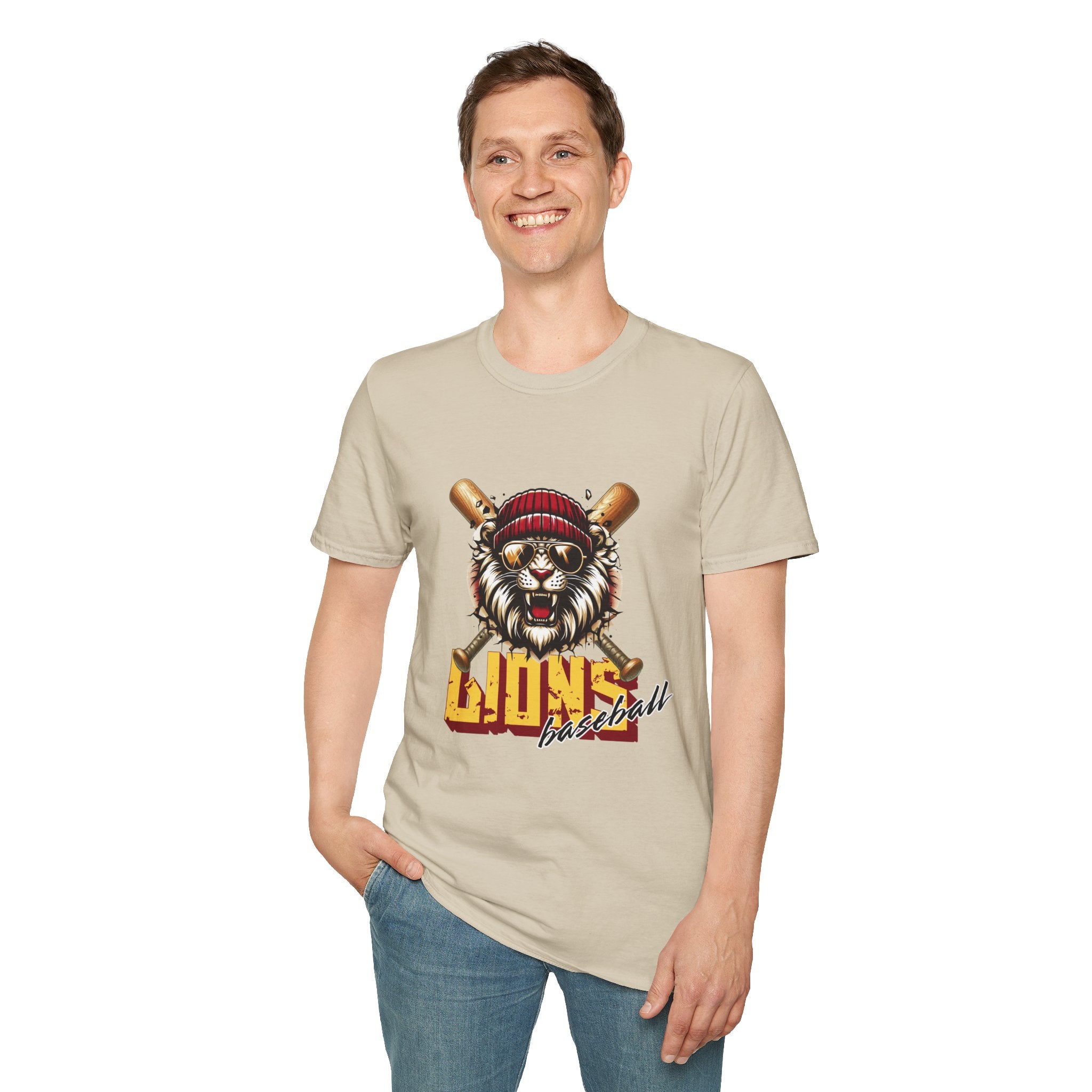Lions Baseball Tee — Fierce Lion Mascot with Bats