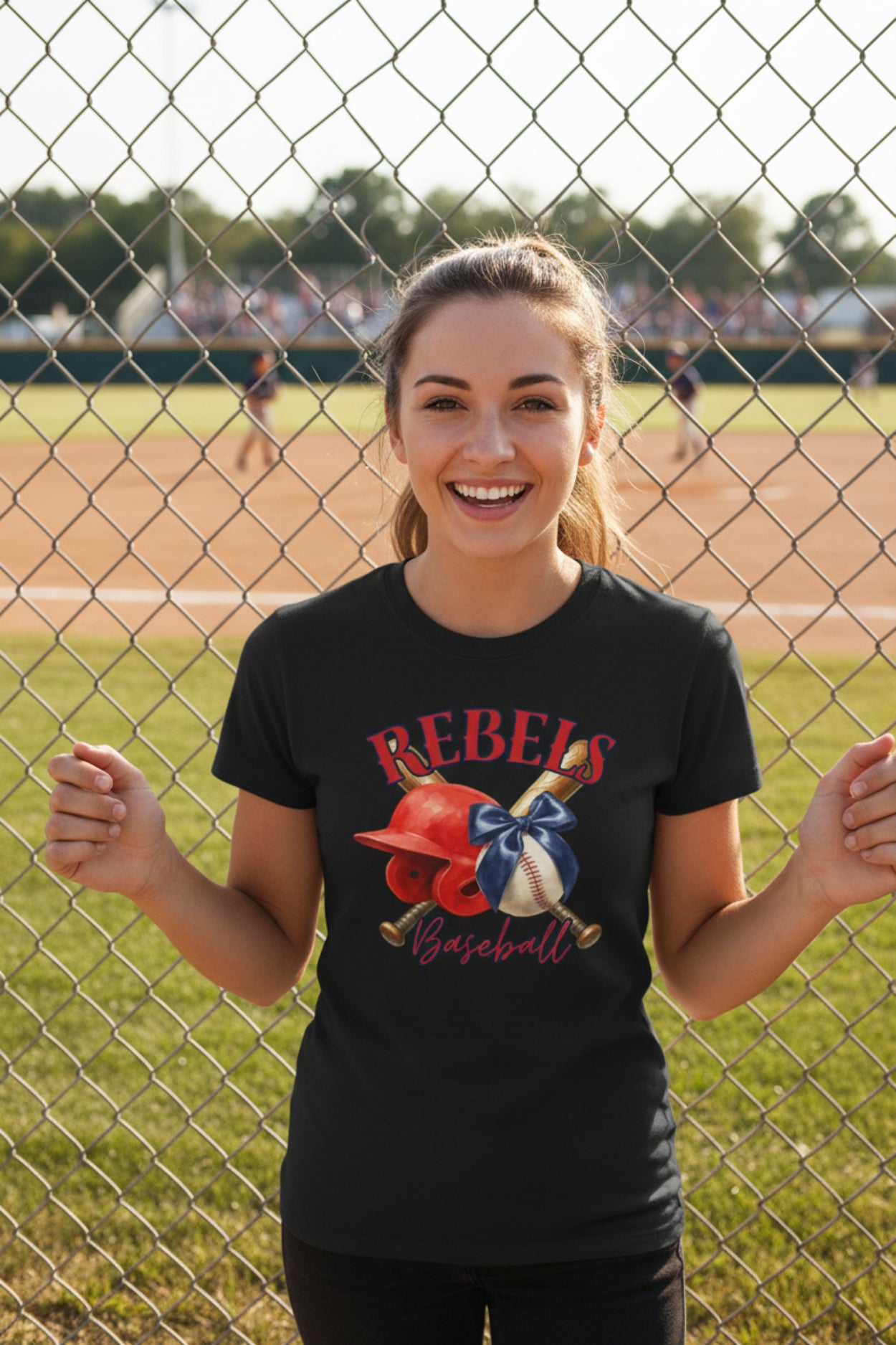 Rebels Baseball Women's Tee | Helmet, Bat & Baseball Graphic