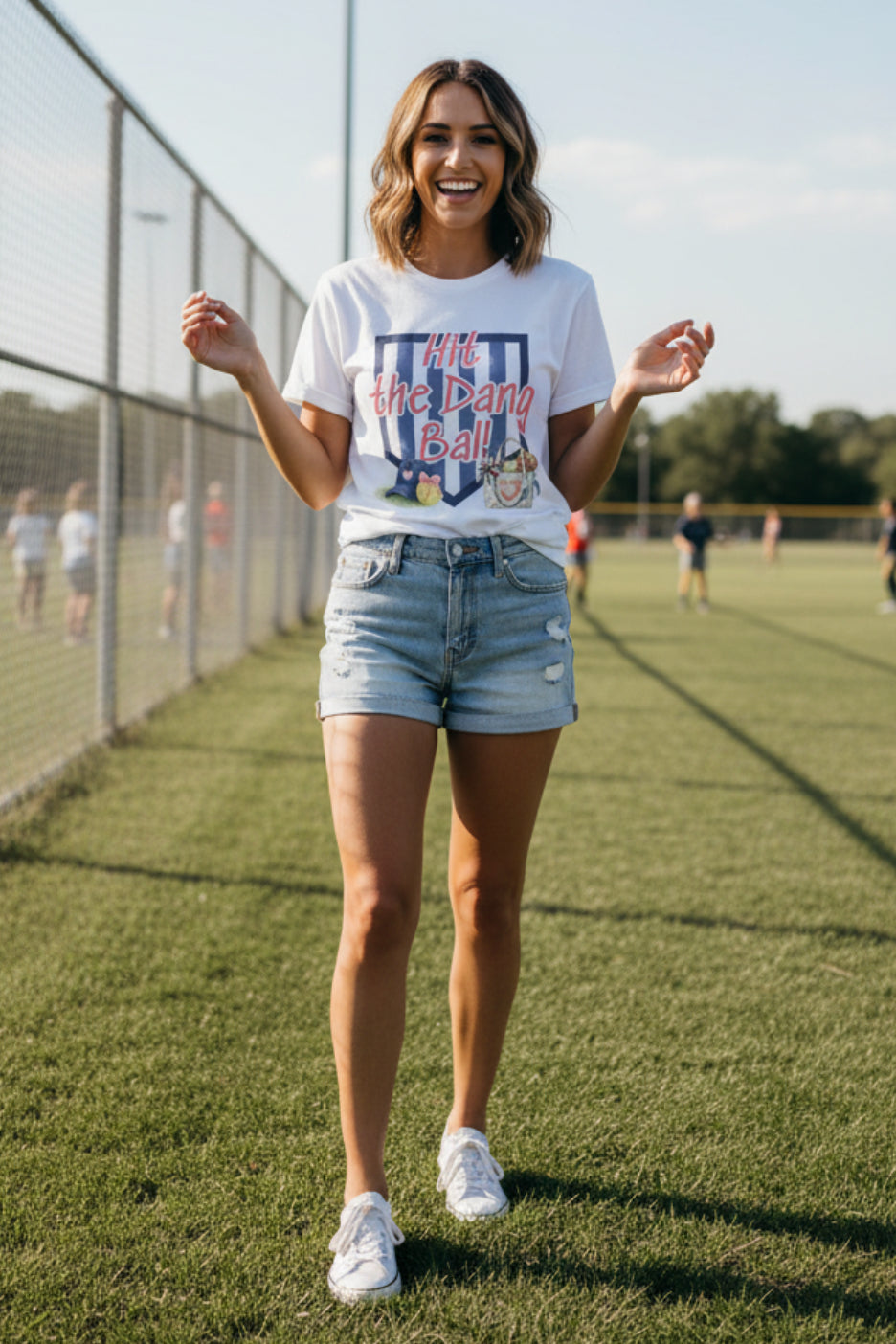 Preppy Hit the Dang Ball T-Shirt | Girly Baseball Graphic, Glove and Helmet Illustration