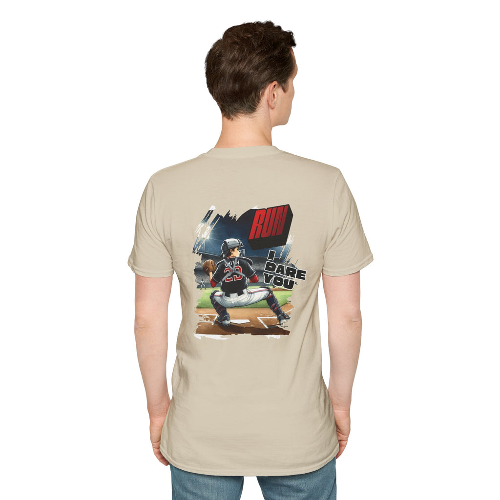 Run I Dare You' Back Graphic Baseball Runner T-Shirt Youth Player Illustration
