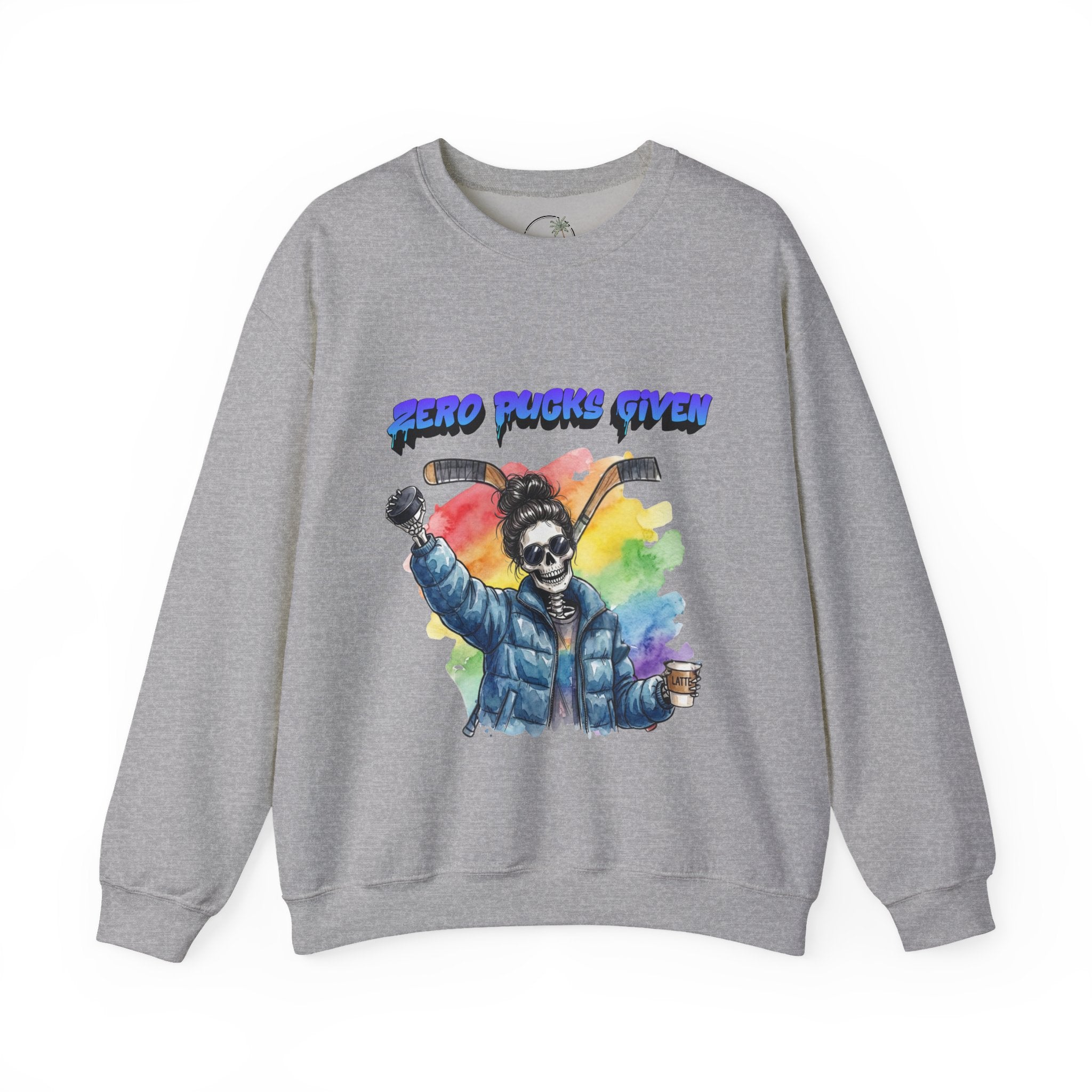 Zero Pucks Given Skeleton Hockey Player Crewneck sweatshirt | Rainbow Graphic