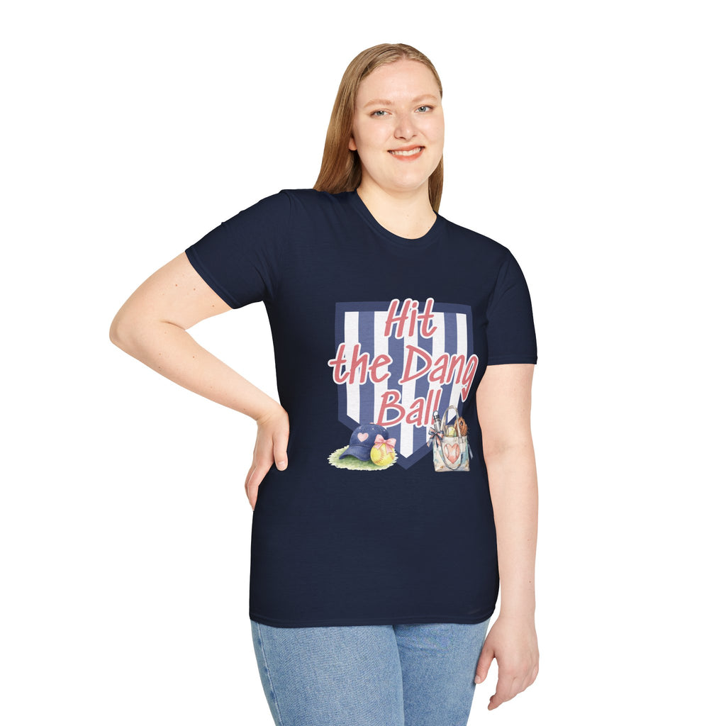Preppy Hit the Dang Ball T-Shirt | Girly Baseball Graphic, Glove and Helmet Illustration
