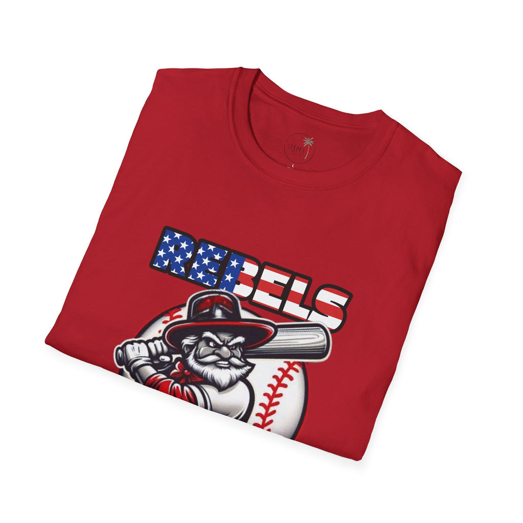 Rebels Baseball T-Shirt | Mascot Batter with American Flag Text