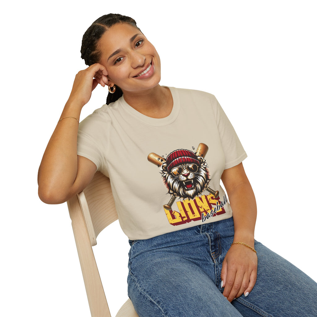Lions Baseball Tee — Fierce Lion Mascot with Bats
