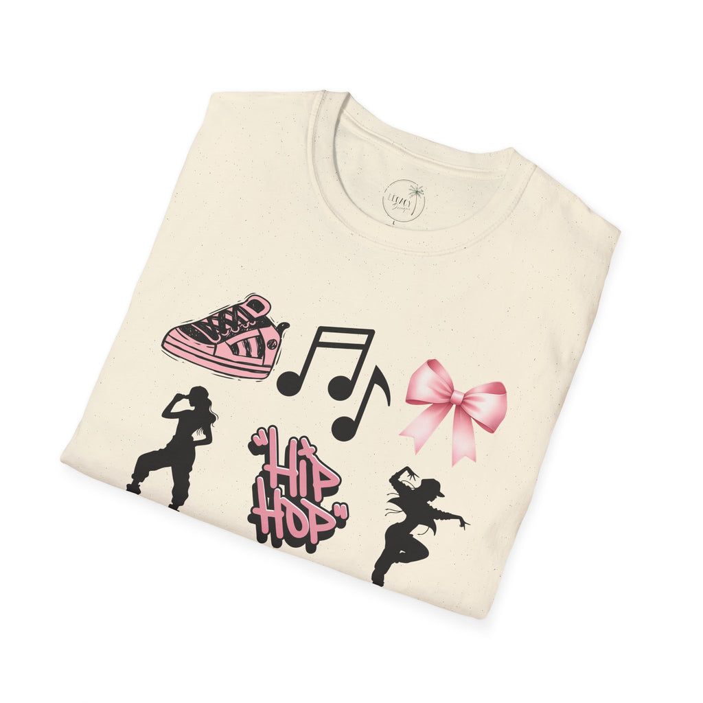 Hip Hop Dance Icons T‑Shirt — Pink Bows, Boombox & Sneaker Graphic