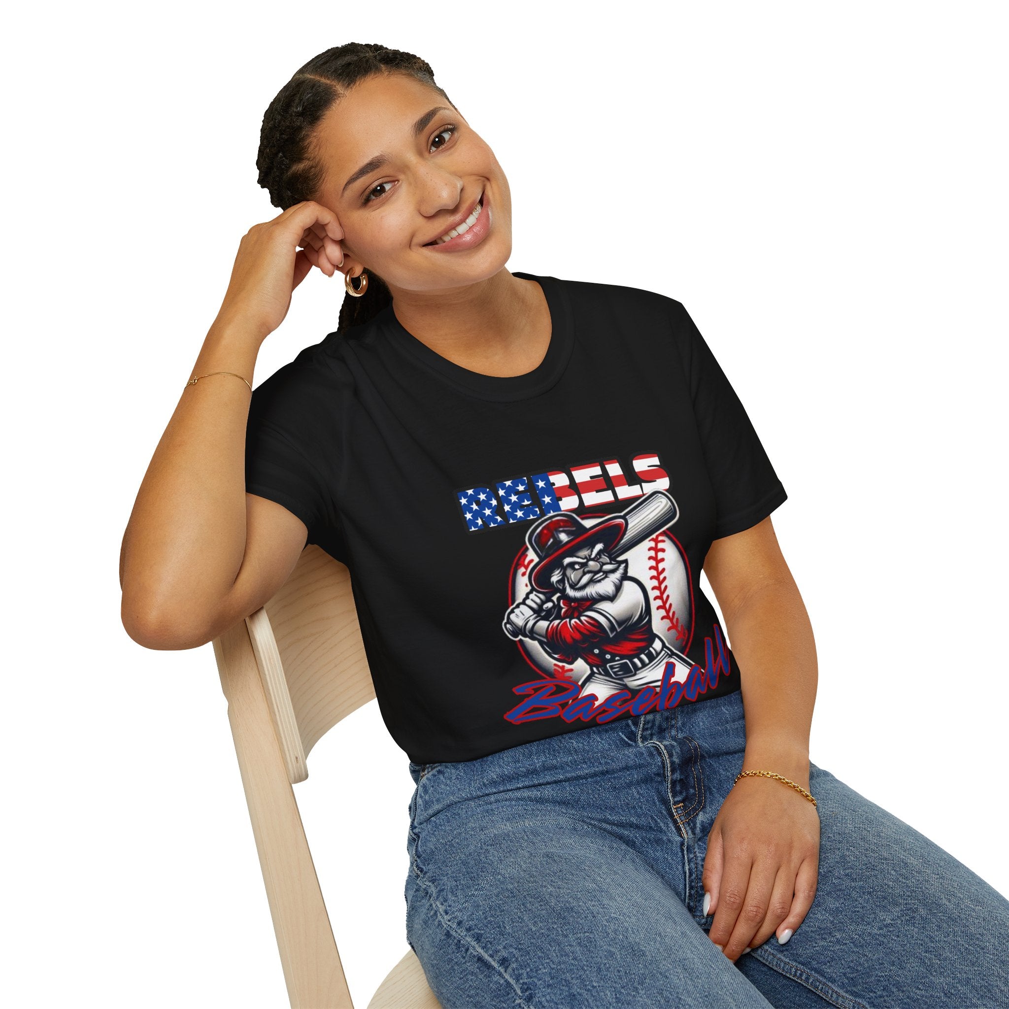Rebels Baseball T-Shirt | Mascot Batter with American Flag Text