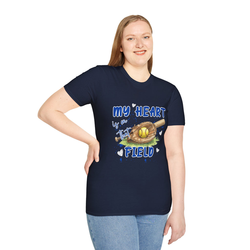 My Heart Is On That Field Softball T-Shirt | Softball Glove Ball Bat Design