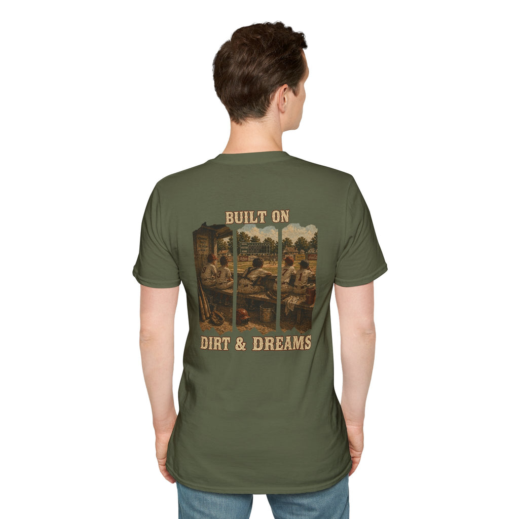 Vintage Baseball Shirt Built on Dirt and Dreams, Nostalgic Baseball Graphic Tee, Classic Fan Shirt, Dugout Scene Tee, Game Day Shirt