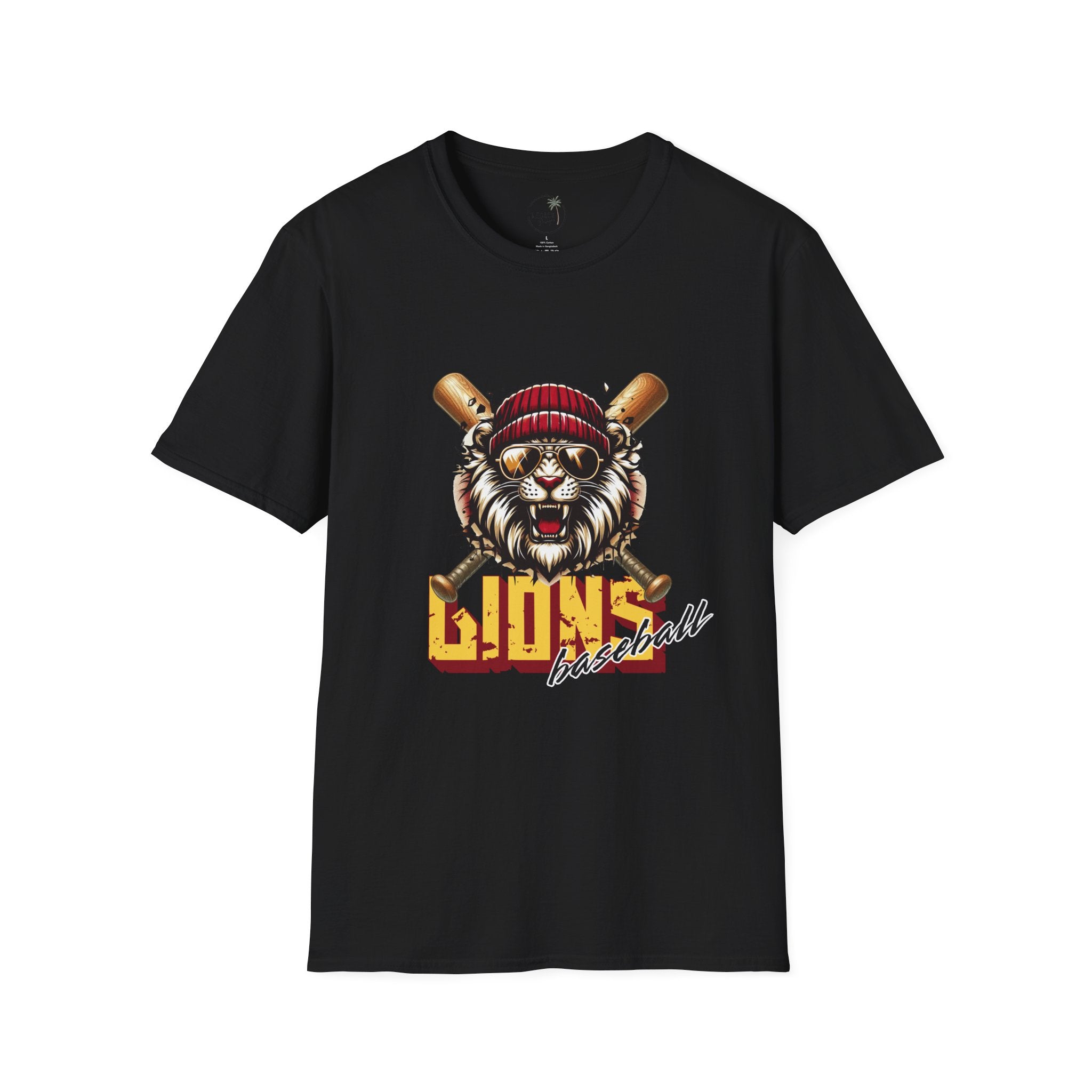 Lions Baseball Tee — Fierce Lion Mascot with Bats