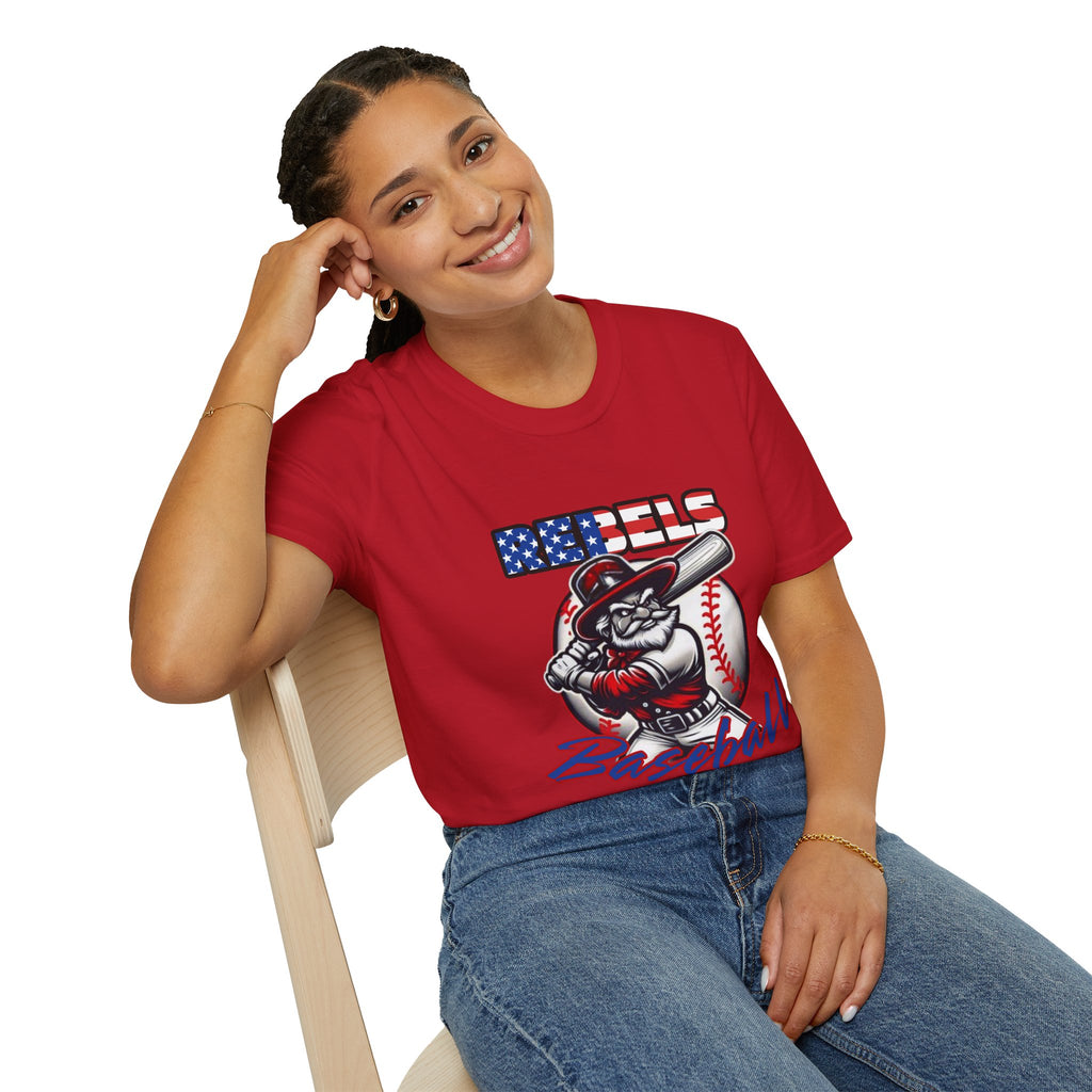 Rebels Baseball T-Shirt | Mascot Batter with American Flag Text