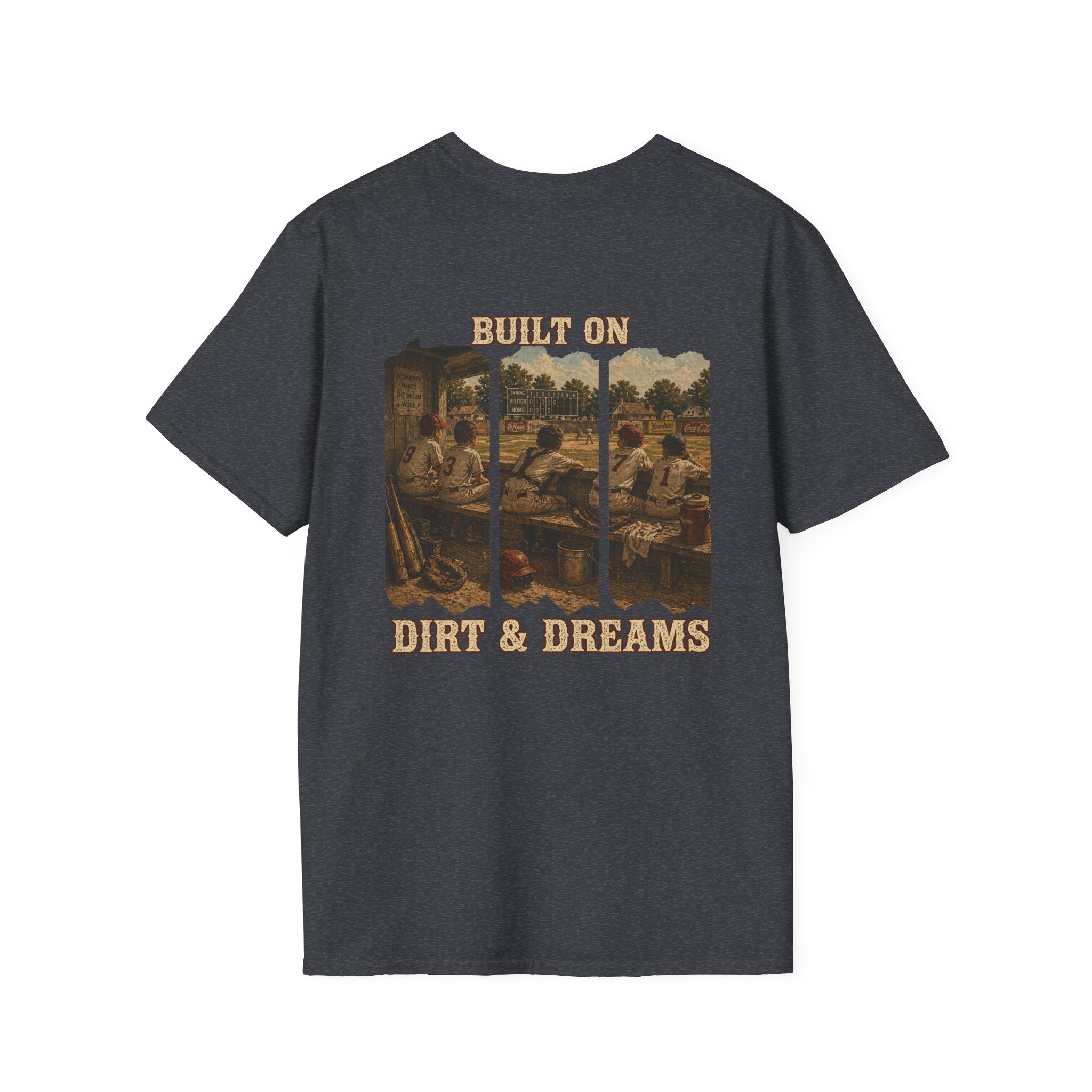Vintage Baseball Shirt Built on Dirt and Dreams, Nostalgic Baseball Graphic Tee, Classic Fan Shirt, Dugout Scene Tee, Game Day Shirt