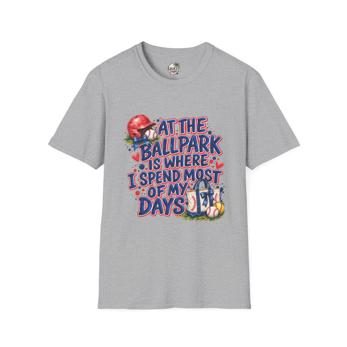 At the Ballpark Is Where I Spend Most of My Days T-Shirt | Baseball Helmet & Glove Design