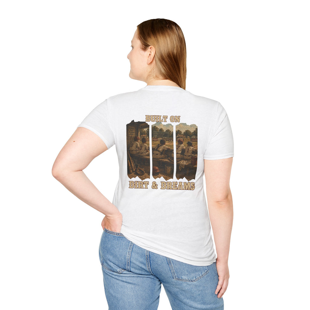 Vintage Baseball Shirt Built on Dirt and Dreams, Nostalgic Baseball Graphic Tee, Classic Fan Shirt, Dugout Scene Tee, Game Day Shirt