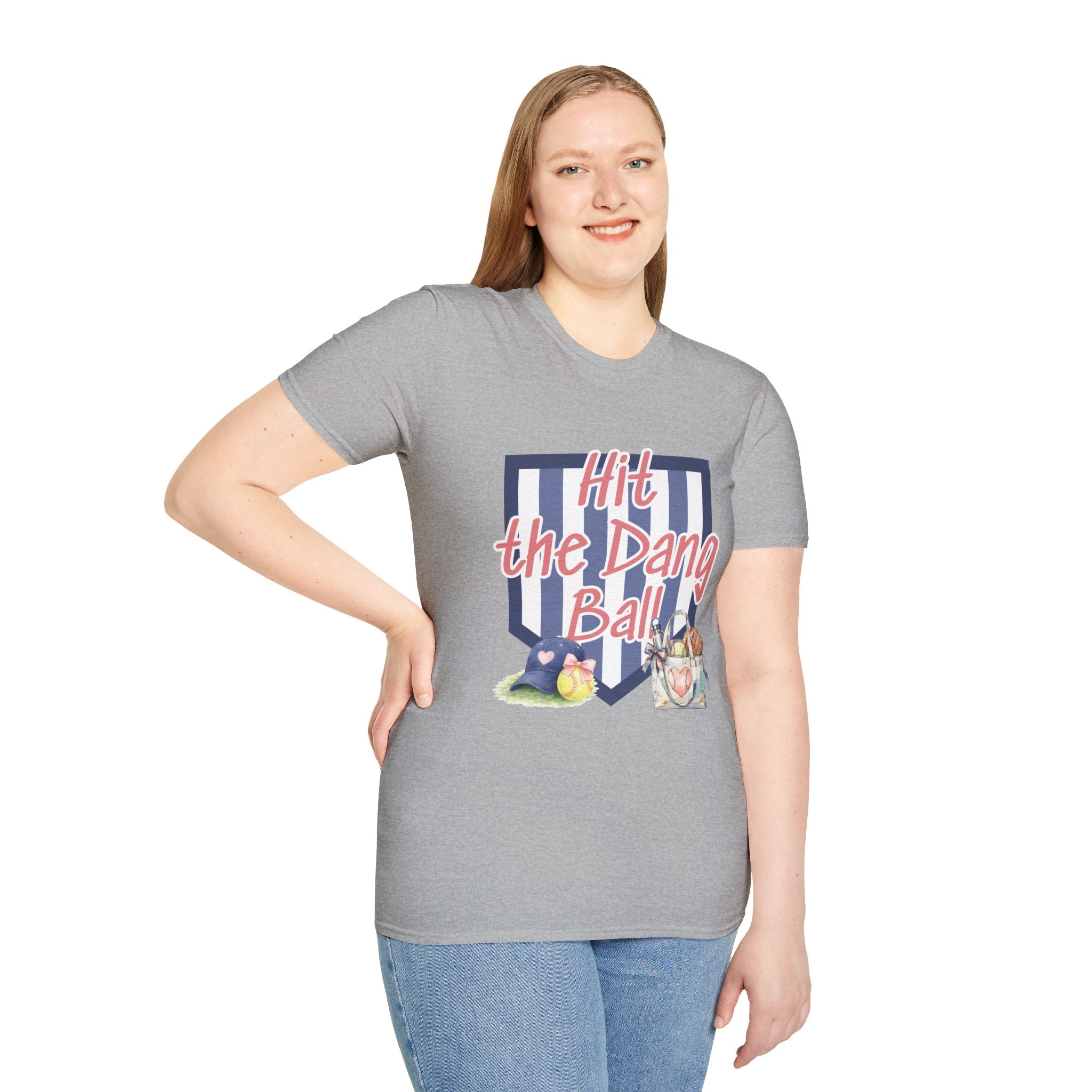 Preppy Hit the Dang Ball T-Shirt | Girly Baseball Graphic, Glove and Helmet Illustration