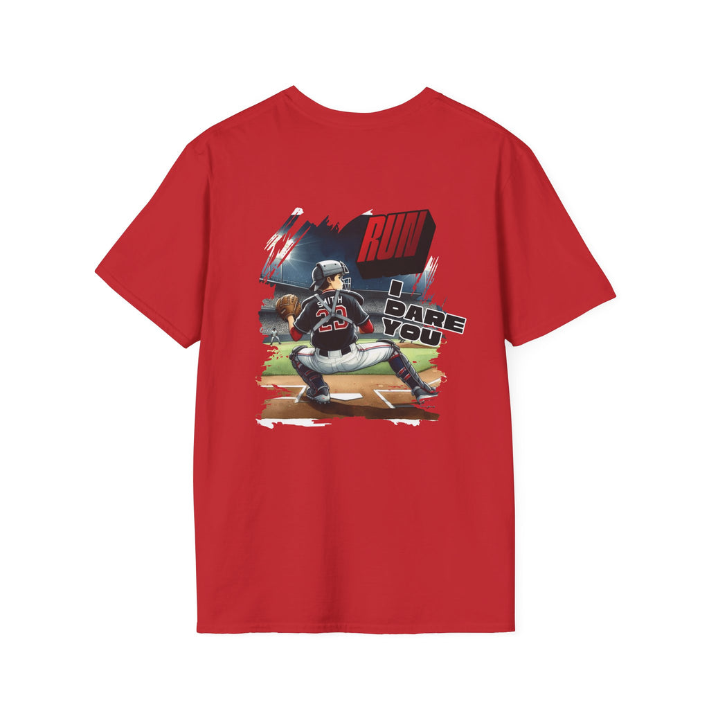 Run I Dare You' Back Graphic Baseball Runner T-Shirt Youth Player Illustration