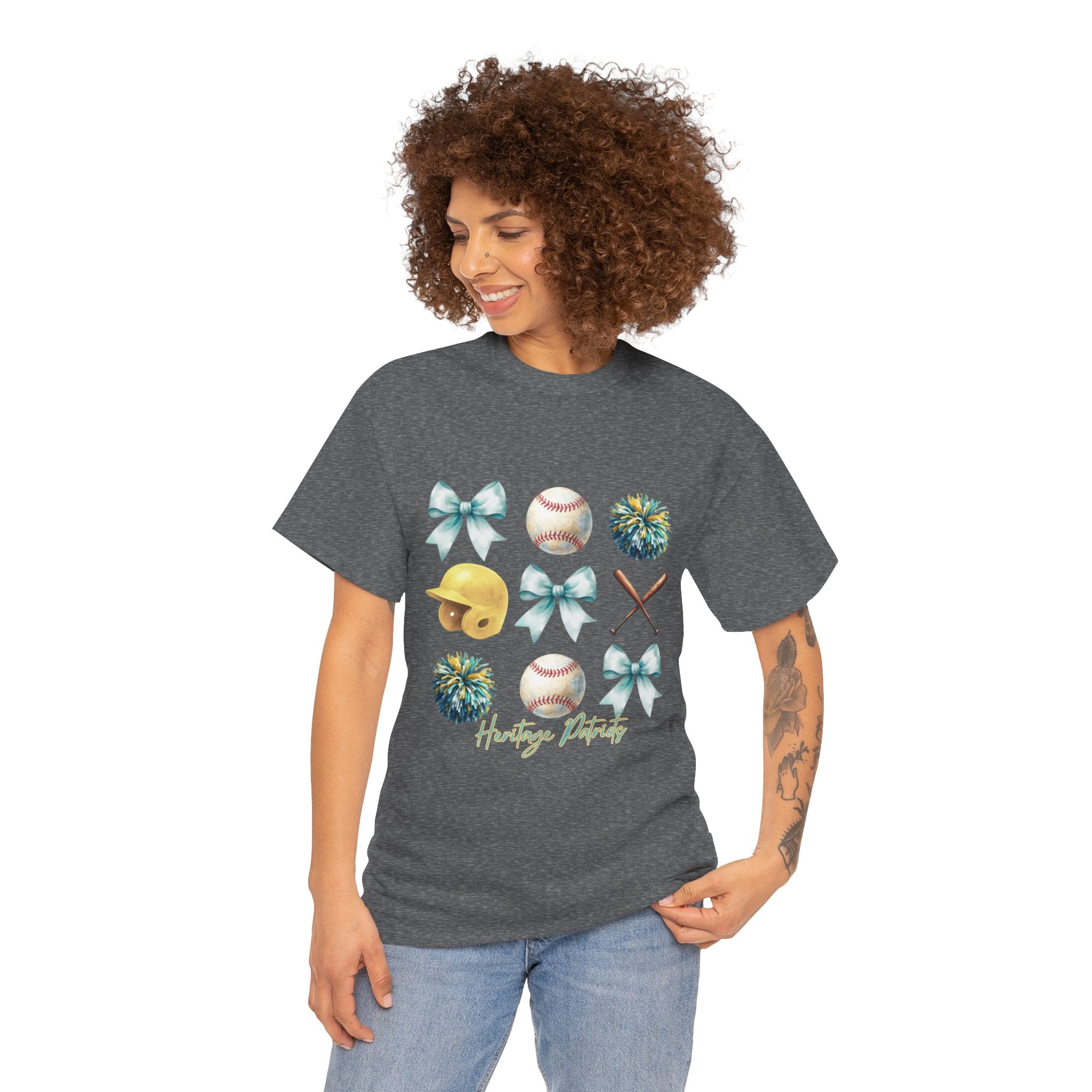 Heritage Baseball Grid with Bows Tee | Helmet, Bat, Ball, Pom Poms