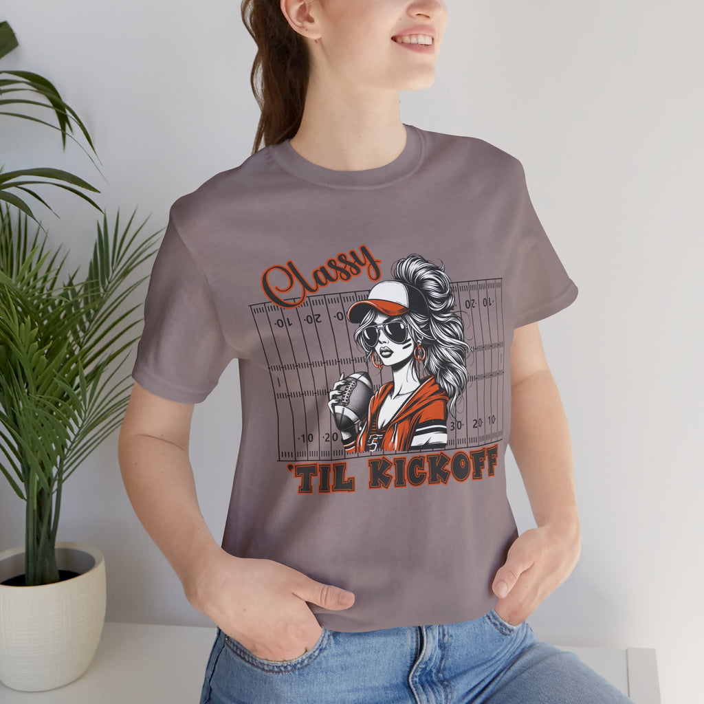 Classy Til Kickoff Football T-Shirt | Womens Game Day Tee | Cute Football Mom Shirt | Tailgate Outfit Fall Sports Fan Gift