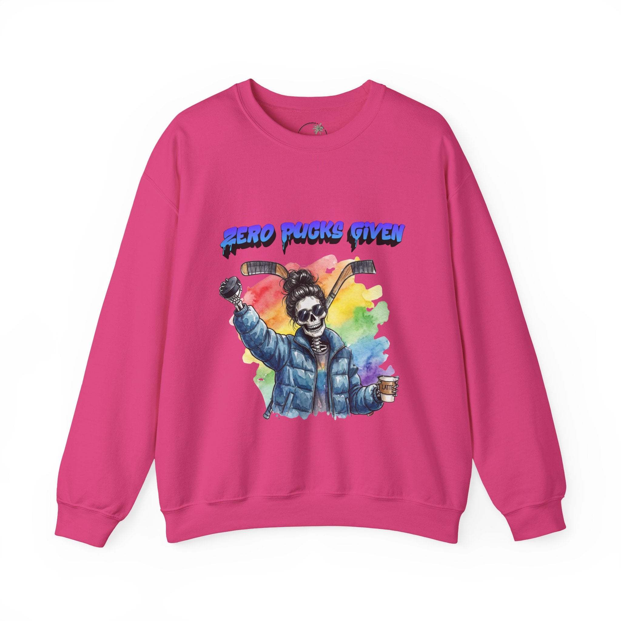 Zero Pucks Given Skeleton Hockey Player Crewneck sweatshirt | Rainbow Graphic