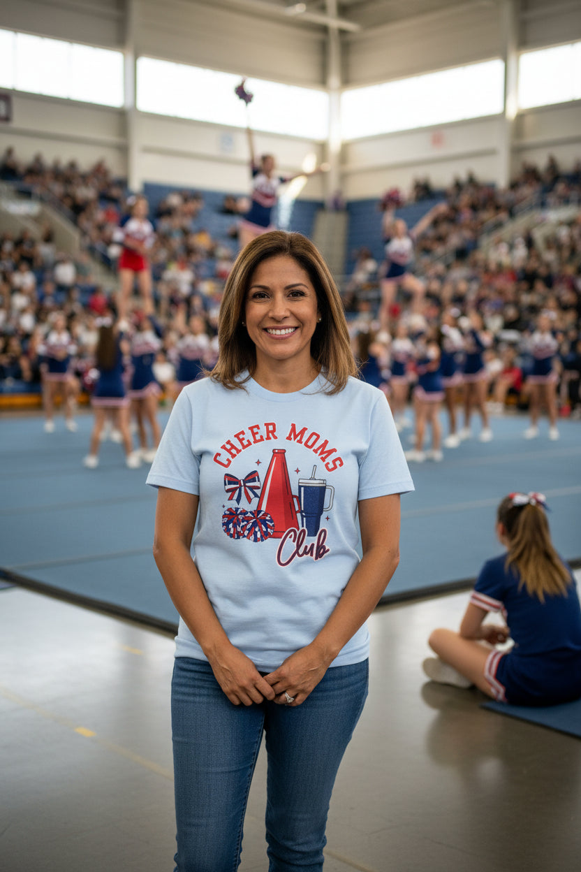 Cheer Moms Club Tee | Cheerleading Pom Poms, Megaphone, Bow Shirt