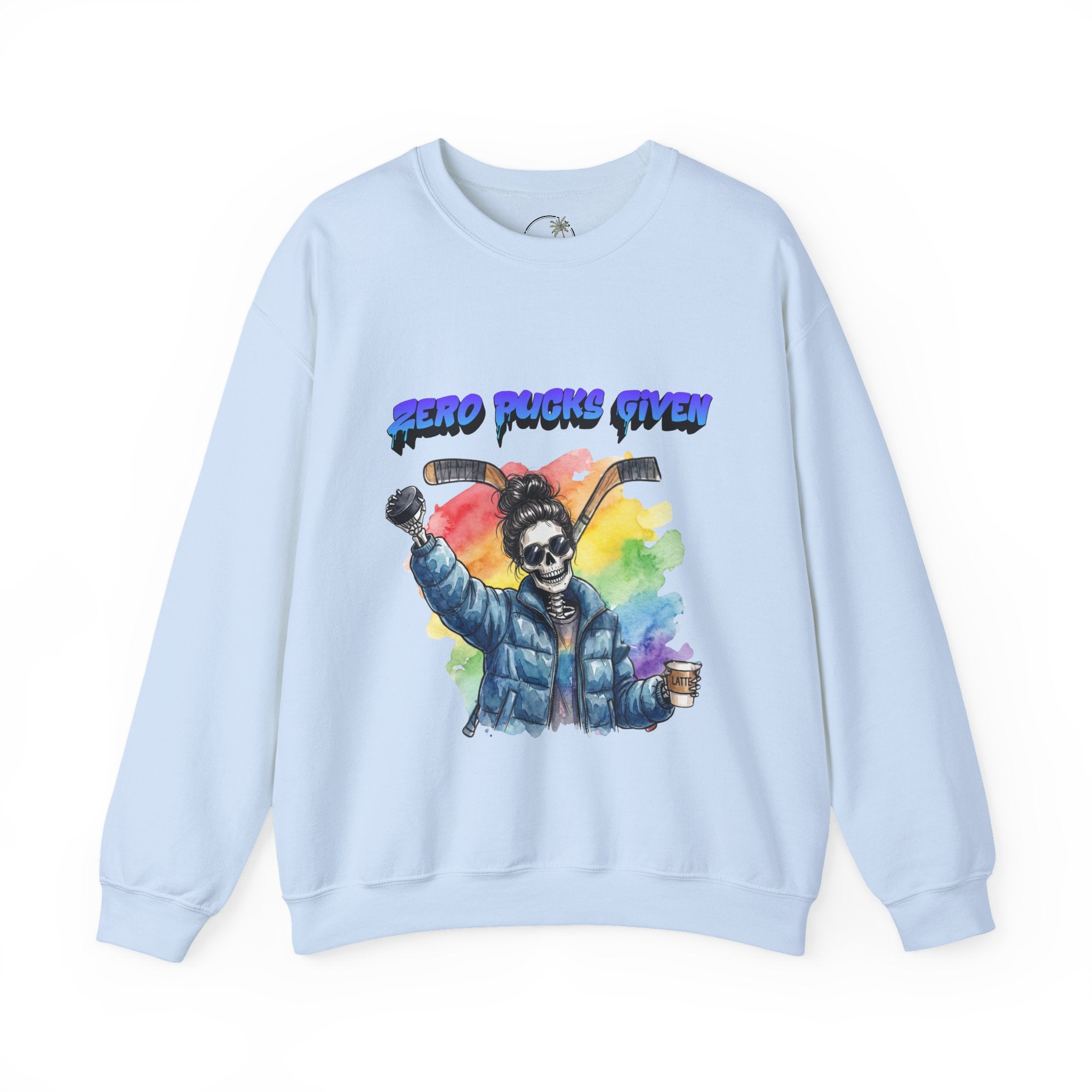 Zero Pucks Given Skeleton Hockey Player Crewneck sweatshirt | Rainbow Graphic
