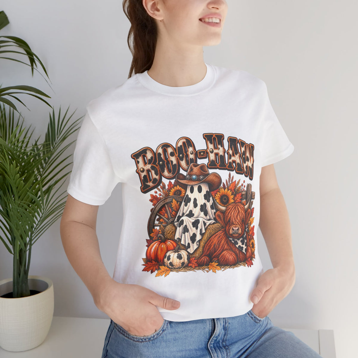 Boo-Haw Halloween T-Shirt  Western Ghost Cowgirl Tee, Fall Pumpkin Patch Shirt, Funny Country Halloween Graphic Tee