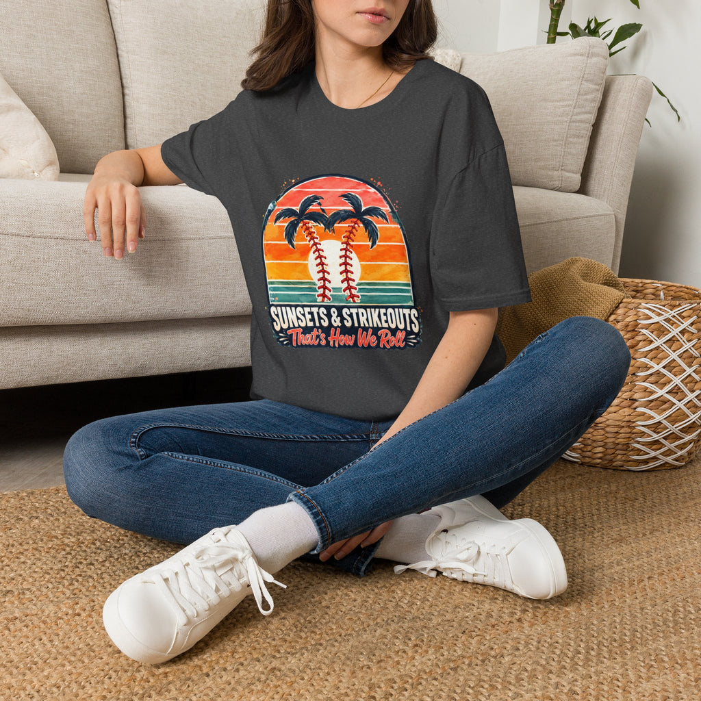 Sunset Baseball Palm Trees T-Shirt | Sunsets & Strikeouts Vintage Sunset Baseball Shirt