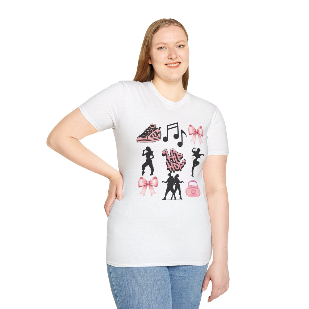 Hip Hop Dance Icons T‑Shirt — Pink Bows, Boombox & Sneaker Graphic