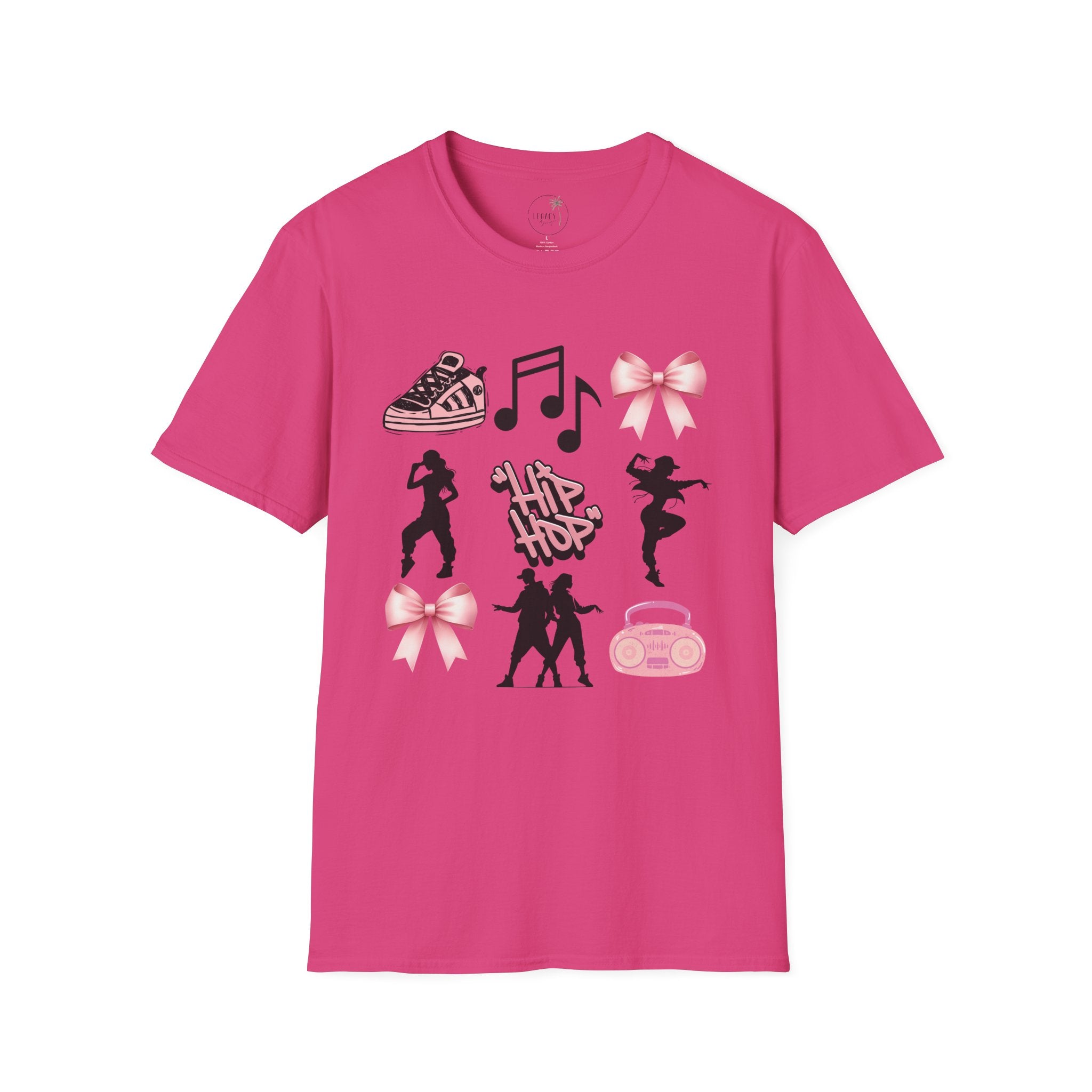Hip Hop Dance Icons T‑Shirt — Pink Bows, Boombox & Sneaker Graphic