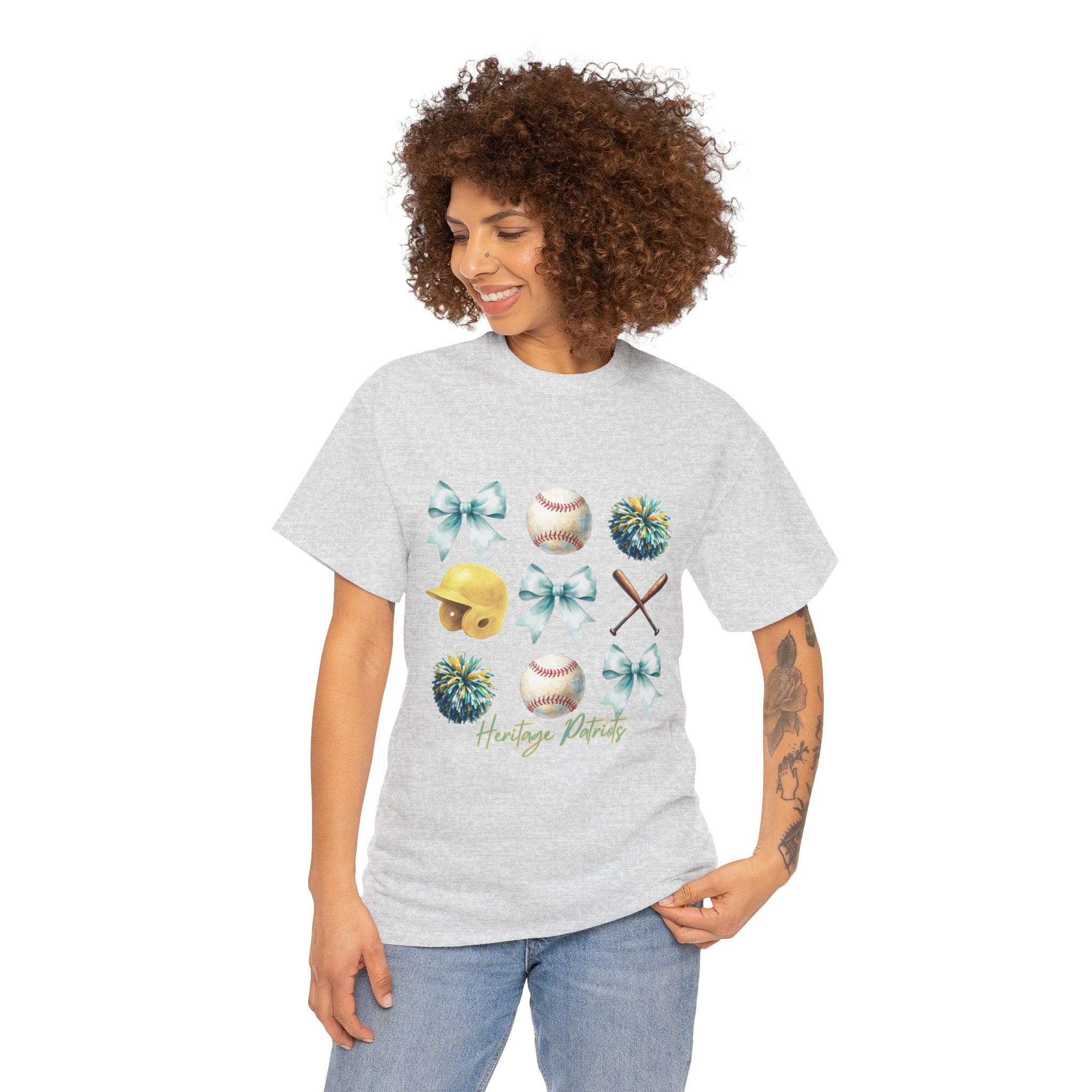 Heritage Baseball Grid with Bows Tee | Helmet, Bat, Ball, Pom Poms