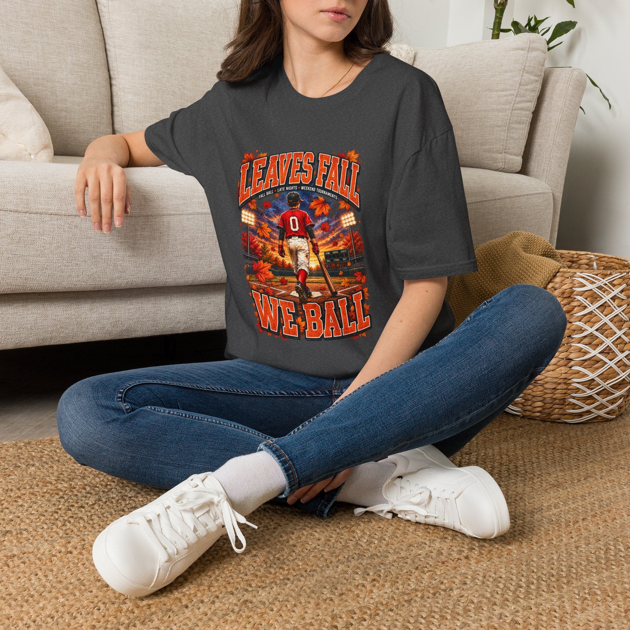 Leaves Fall We Ball Baseball Player T-Shirt | Autumn Sports Graphic