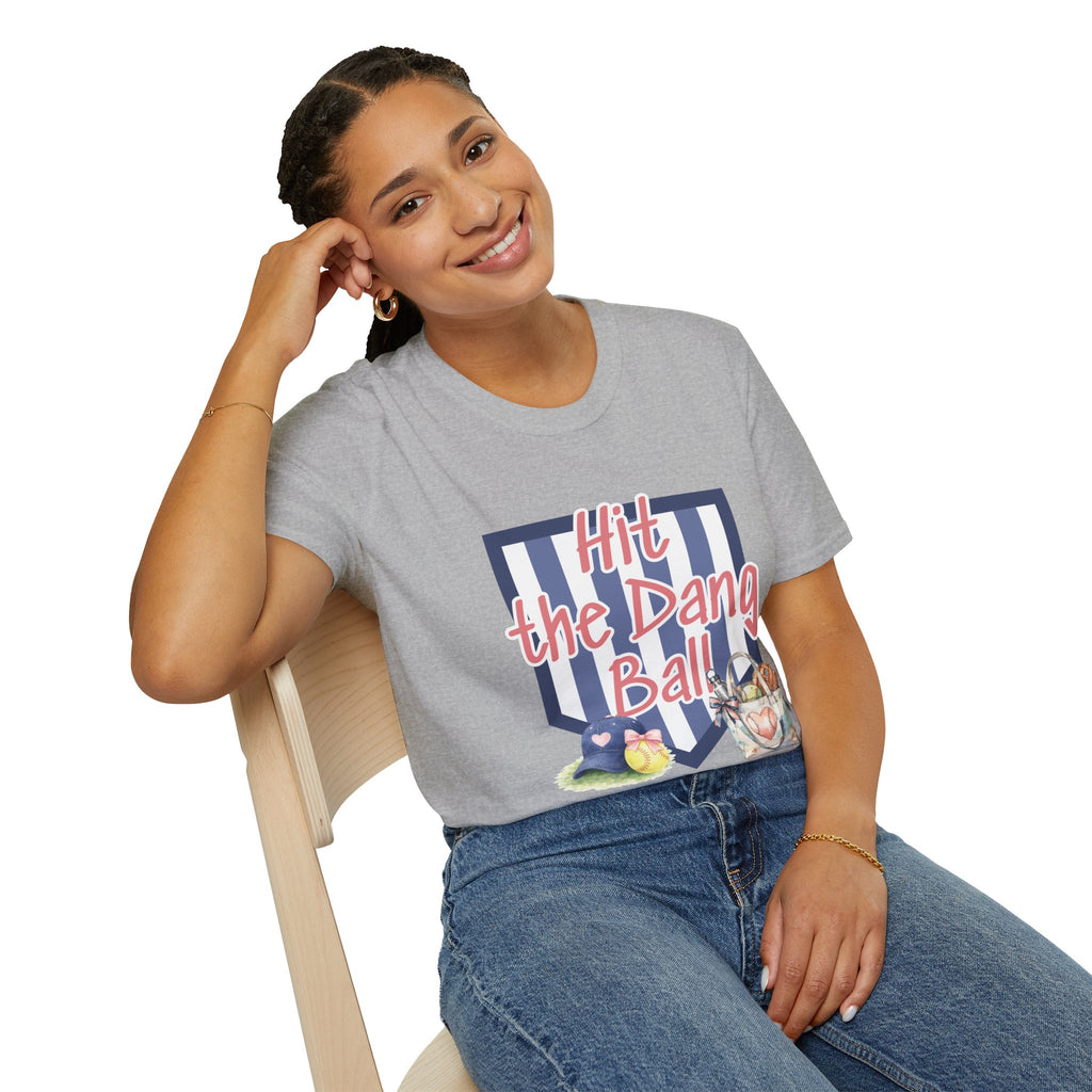 Preppy Hit the Dang Ball T-Shirt | Girly Baseball Graphic, Glove and Helmet Illustration