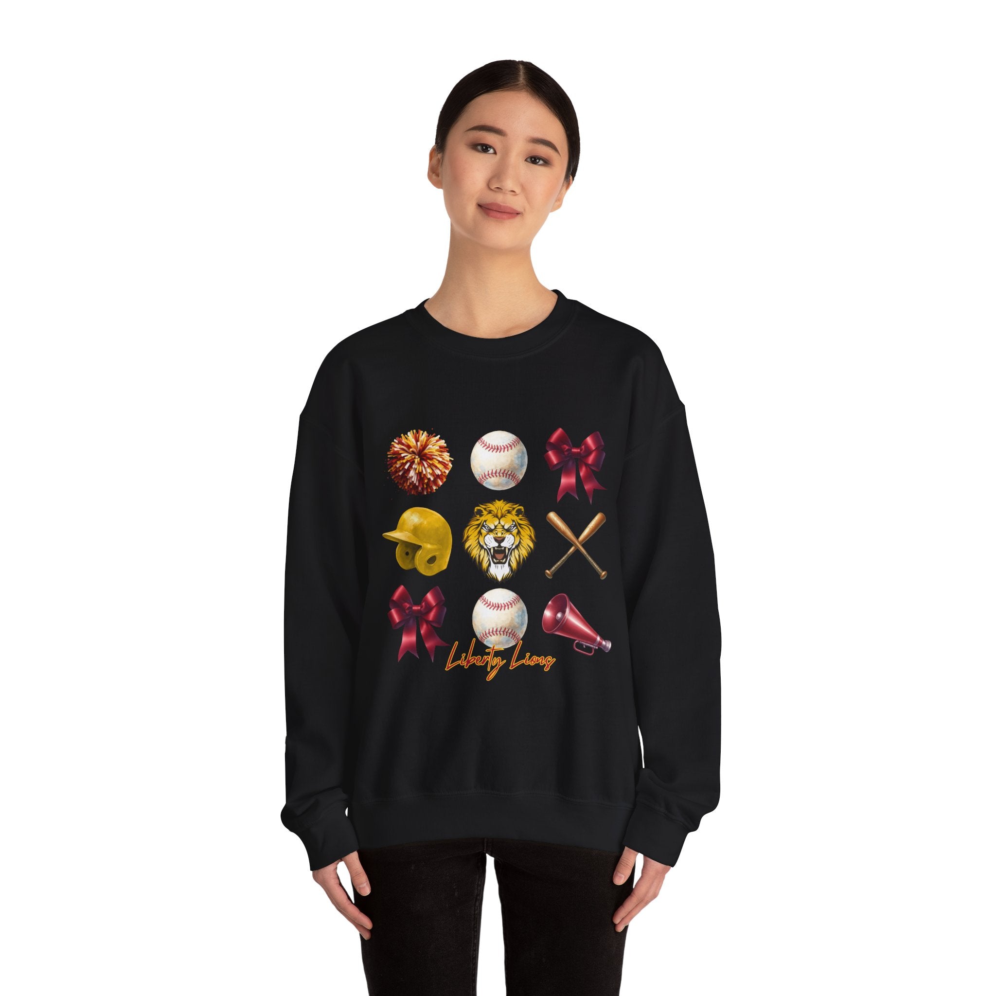 Liberty Lions baseball icons Sweatshirt | lion helmet bats bow pom pom