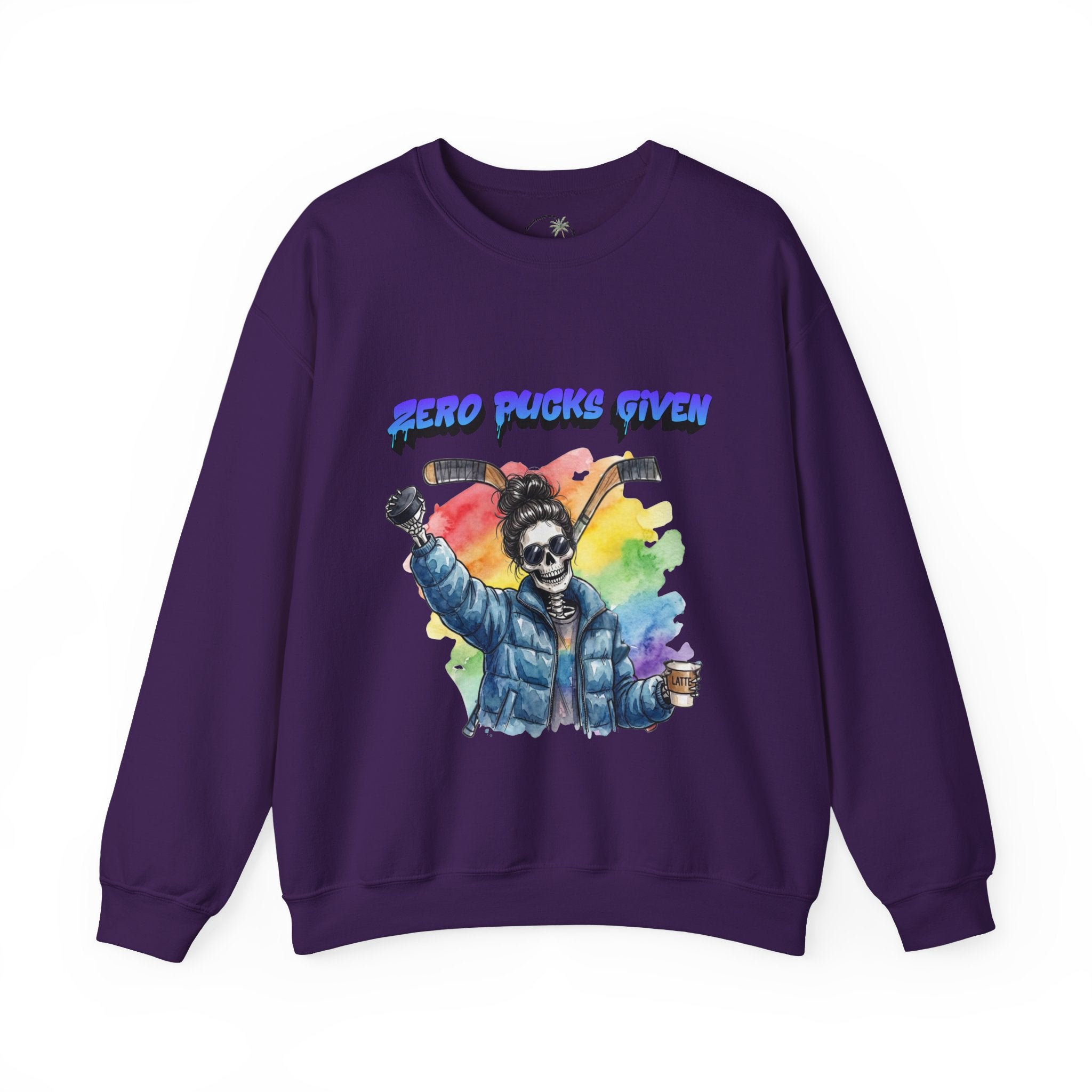Zero Pucks Given Skeleton Hockey Player Crewneck sweatshirt | Rainbow Graphic