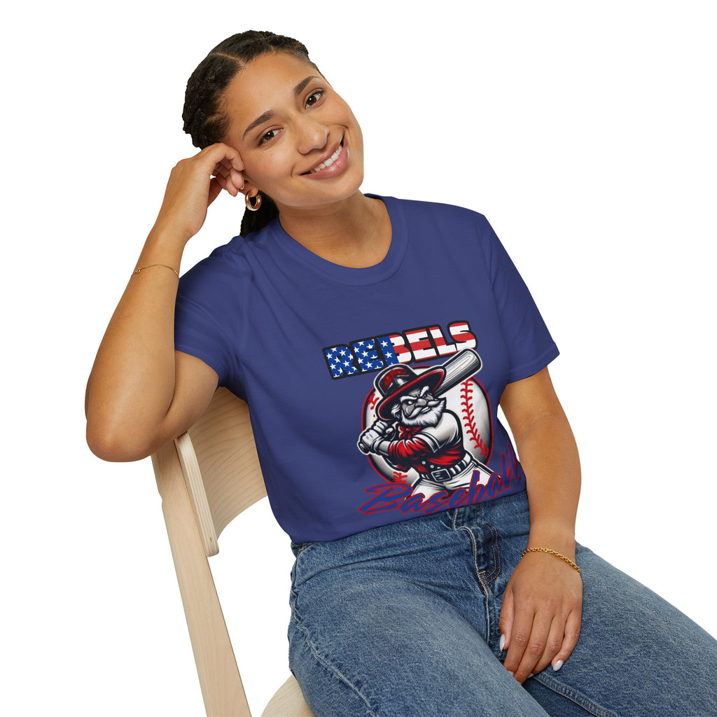 Rebels Baseball T-Shirt | Mascot Batter with American Flag Text