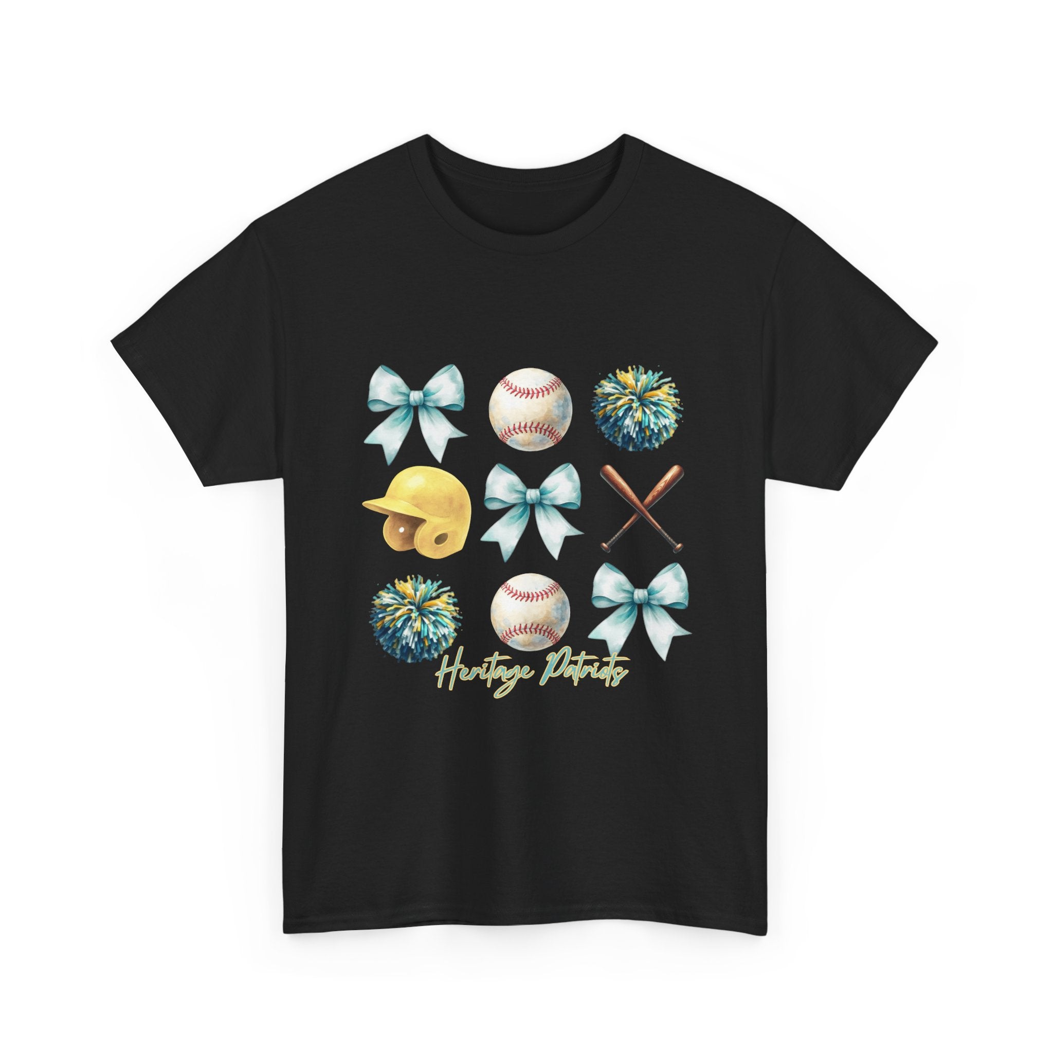 Heritage Baseball Grid with Bows Tee | Helmet, Bat, Ball, Pom Poms