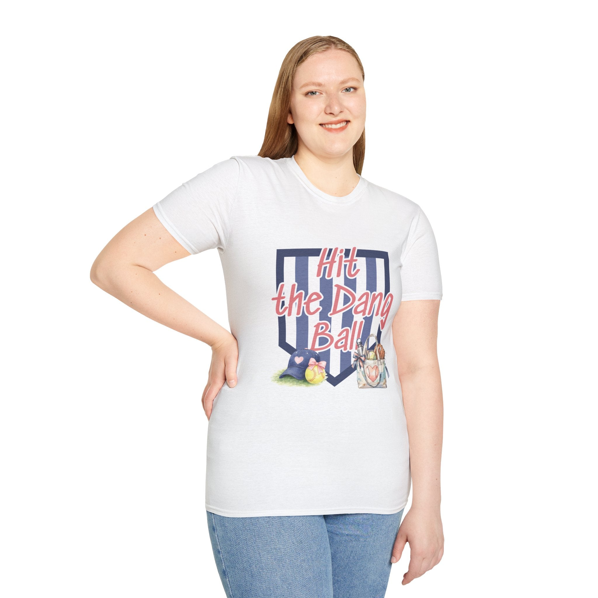 Preppy Hit the Dang Ball T-Shirt | Girly Baseball Graphic, Glove and Helmet Illustration