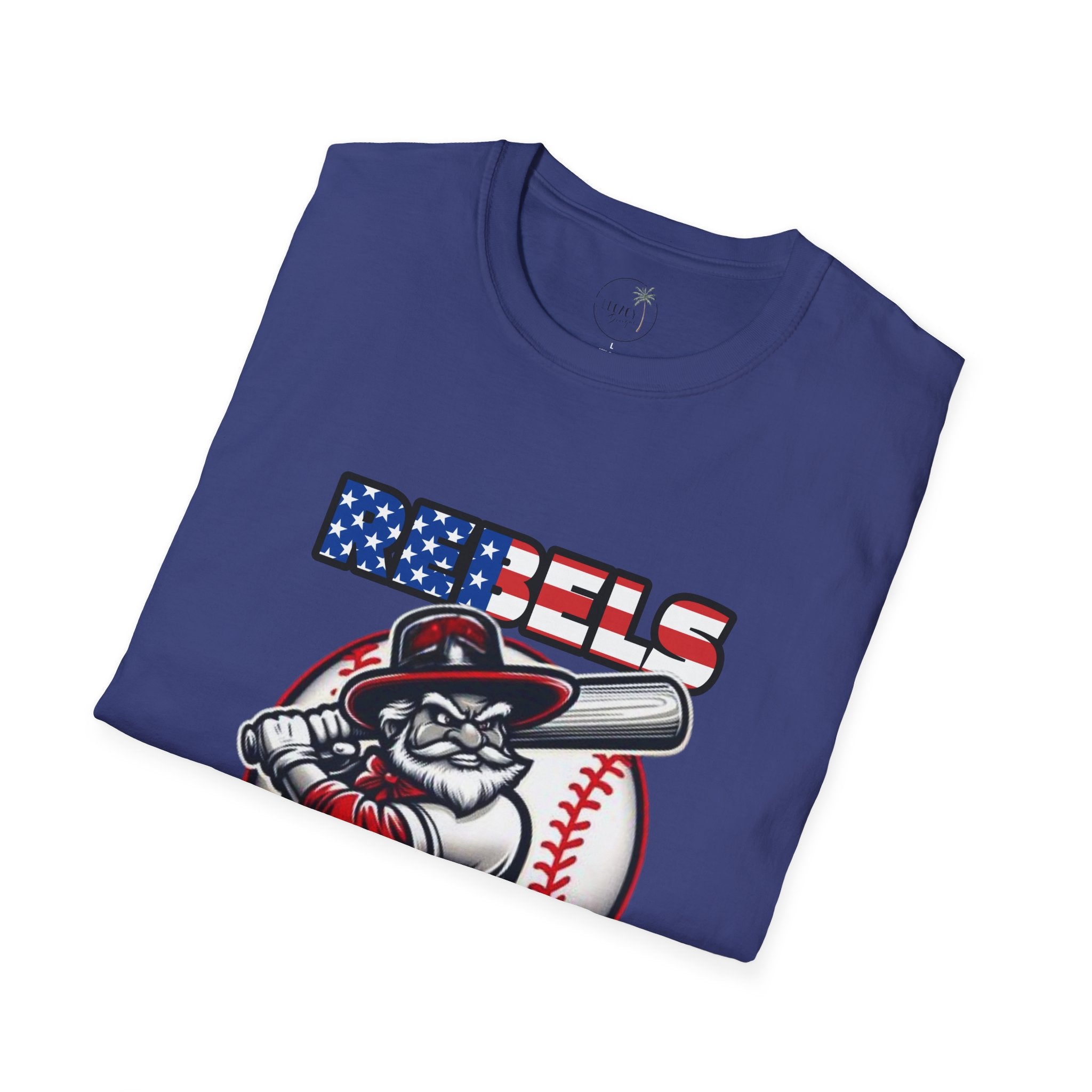 Rebels Baseball T-Shirt | Mascot Batter with American Flag Text