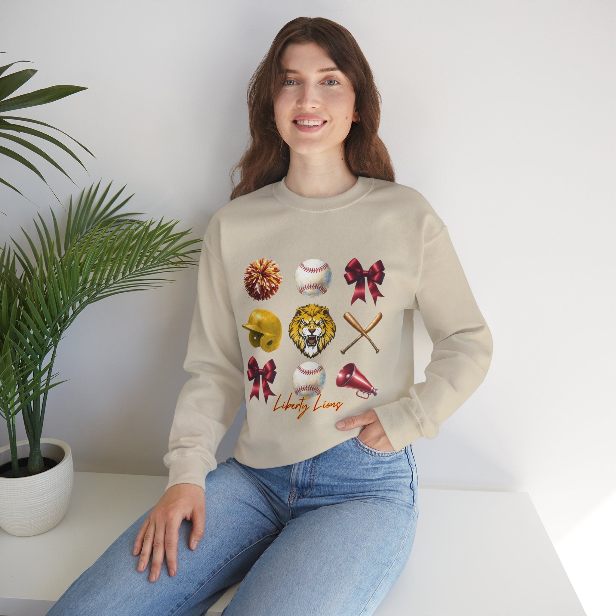Liberty Lions baseball icons Sweatshirt | lion helmet bats bow pom pom