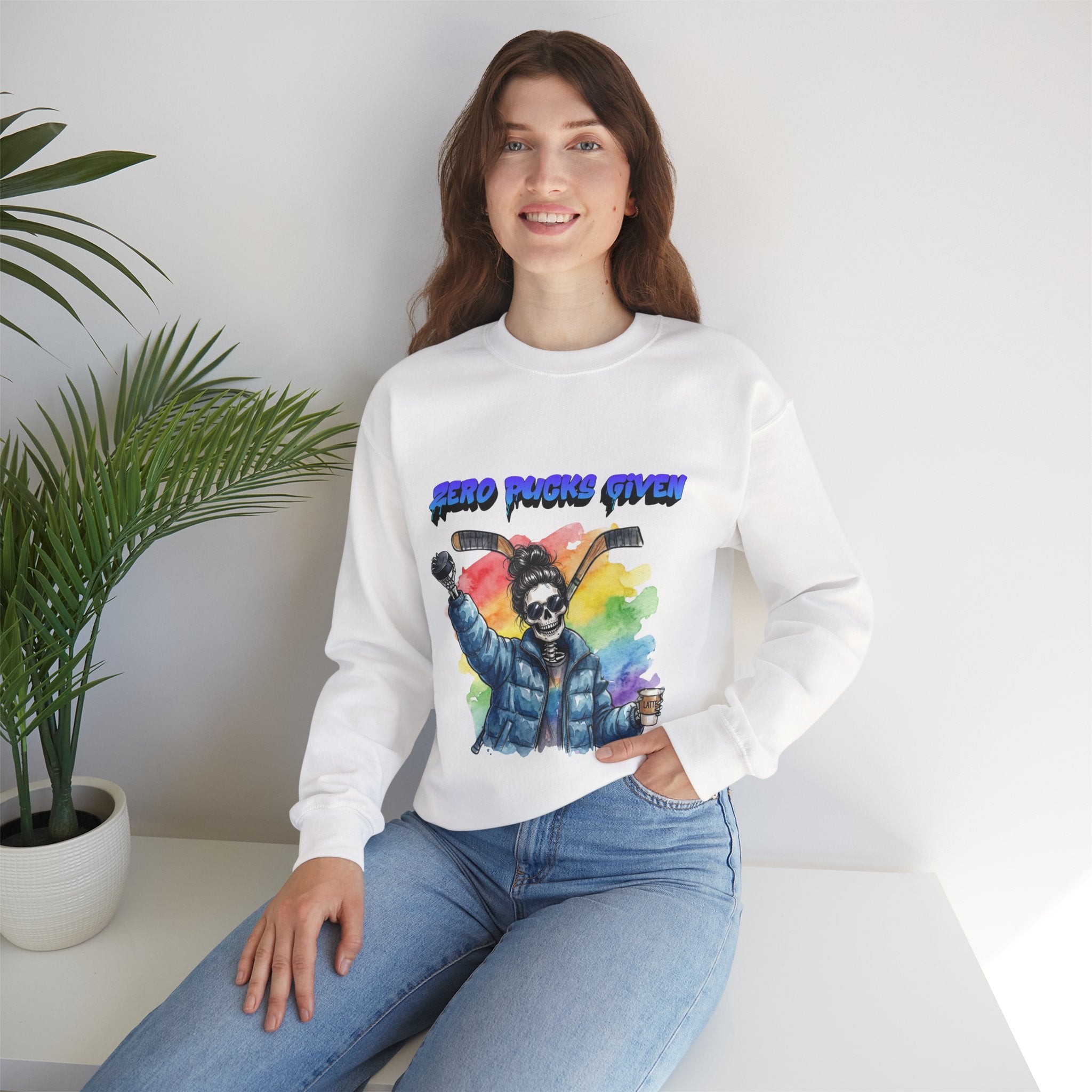 Zero Pucks Given Skeleton Hockey Player Crewneck sweatshirt | Rainbow Graphic
