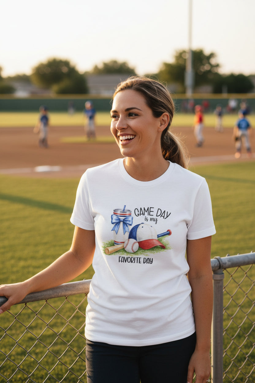 Game Day Is My Favorite Day Tee | Baseball Cap, Bat, Glove Illustration
