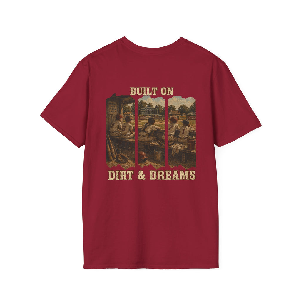 Vintage Baseball Shirt Built on Dirt and Dreams, Nostalgic Baseball Graphic Tee, Classic Fan Shirt, Dugout Scene Tee, Game Day Shirt