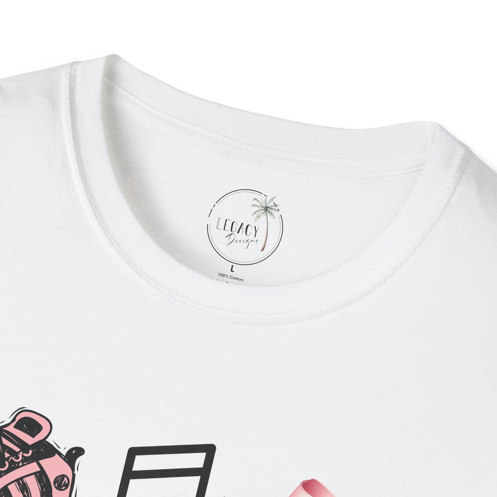 Hip Hop Dance Icons T‑Shirt — Pink Bows, Boombox & Sneaker Graphic