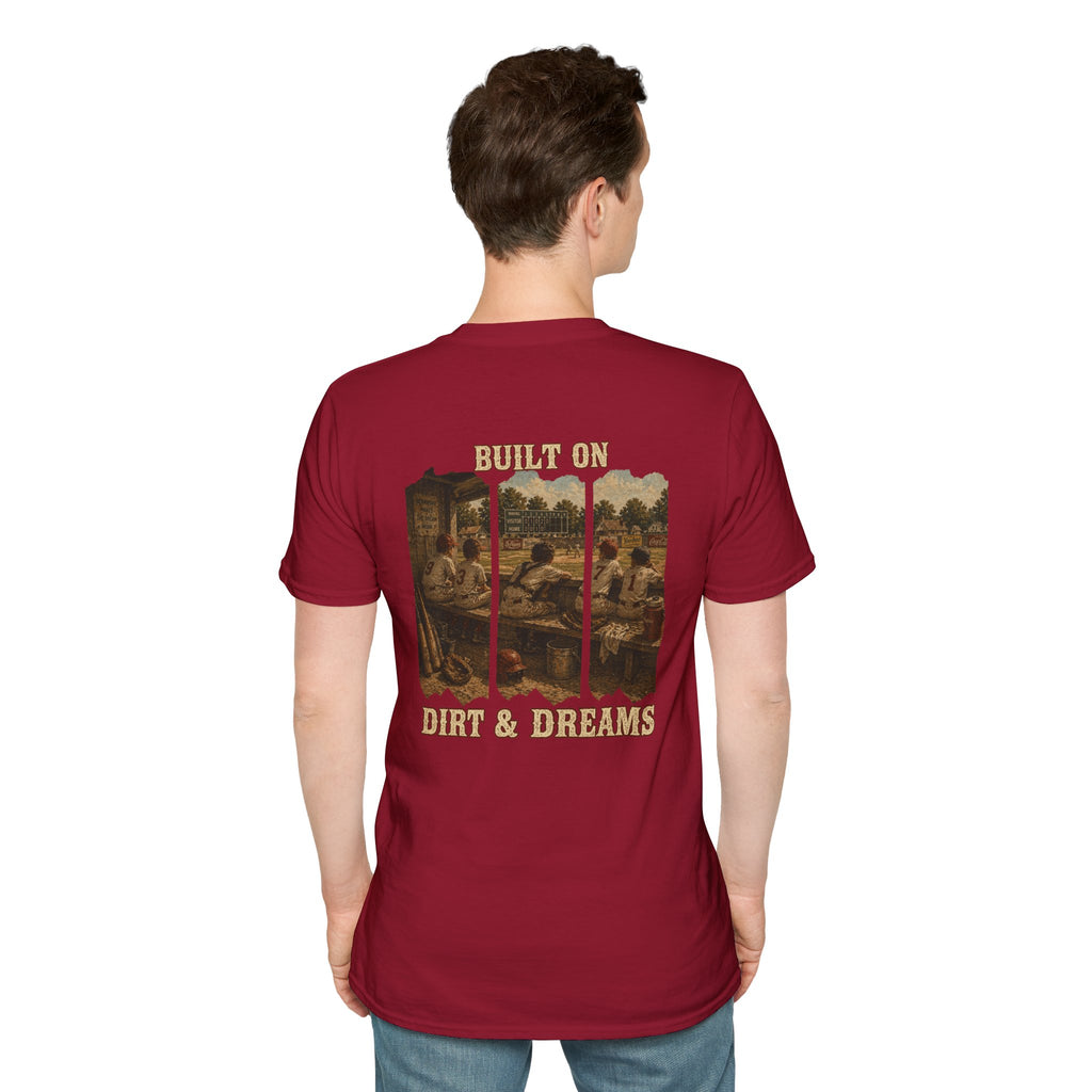 Vintage Baseball Shirt Built on Dirt and Dreams, Nostalgic Baseball Graphic Tee, Classic Fan Shirt, Dugout Scene Tee, Game Day Shirt