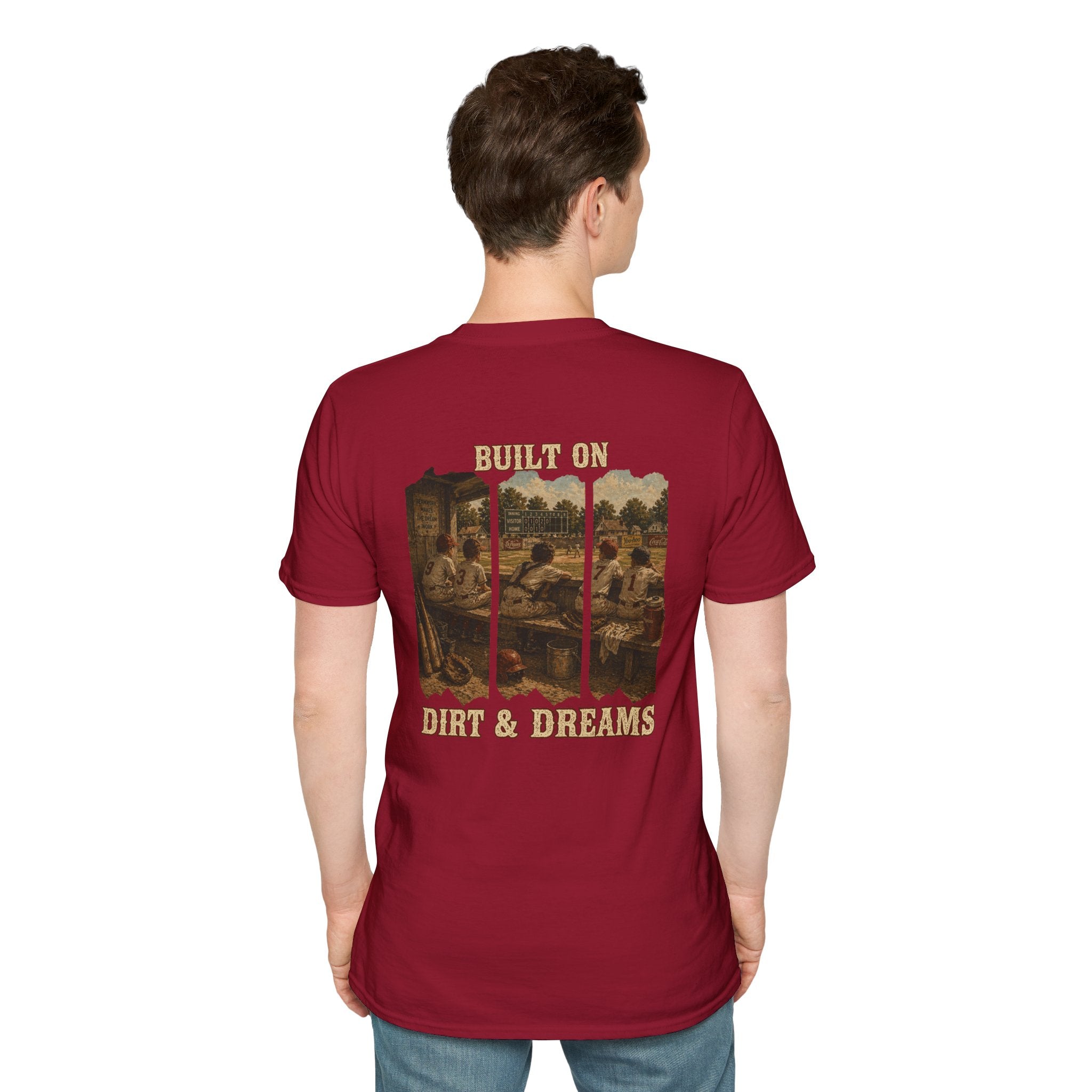 Vintage Baseball Shirt Built on Dirt and Dreams, Nostalgic Baseball Graphic Tee, Classic Fan Shirt, Dugout Scene Tee, Game Day Shirt