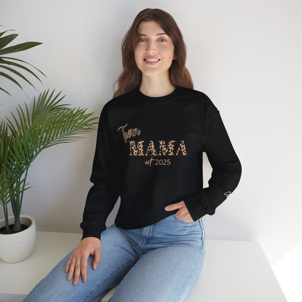Twin Mama crewneck sweatshirt Customizable| Leopard print MAMA, est. 2025, name sleeve