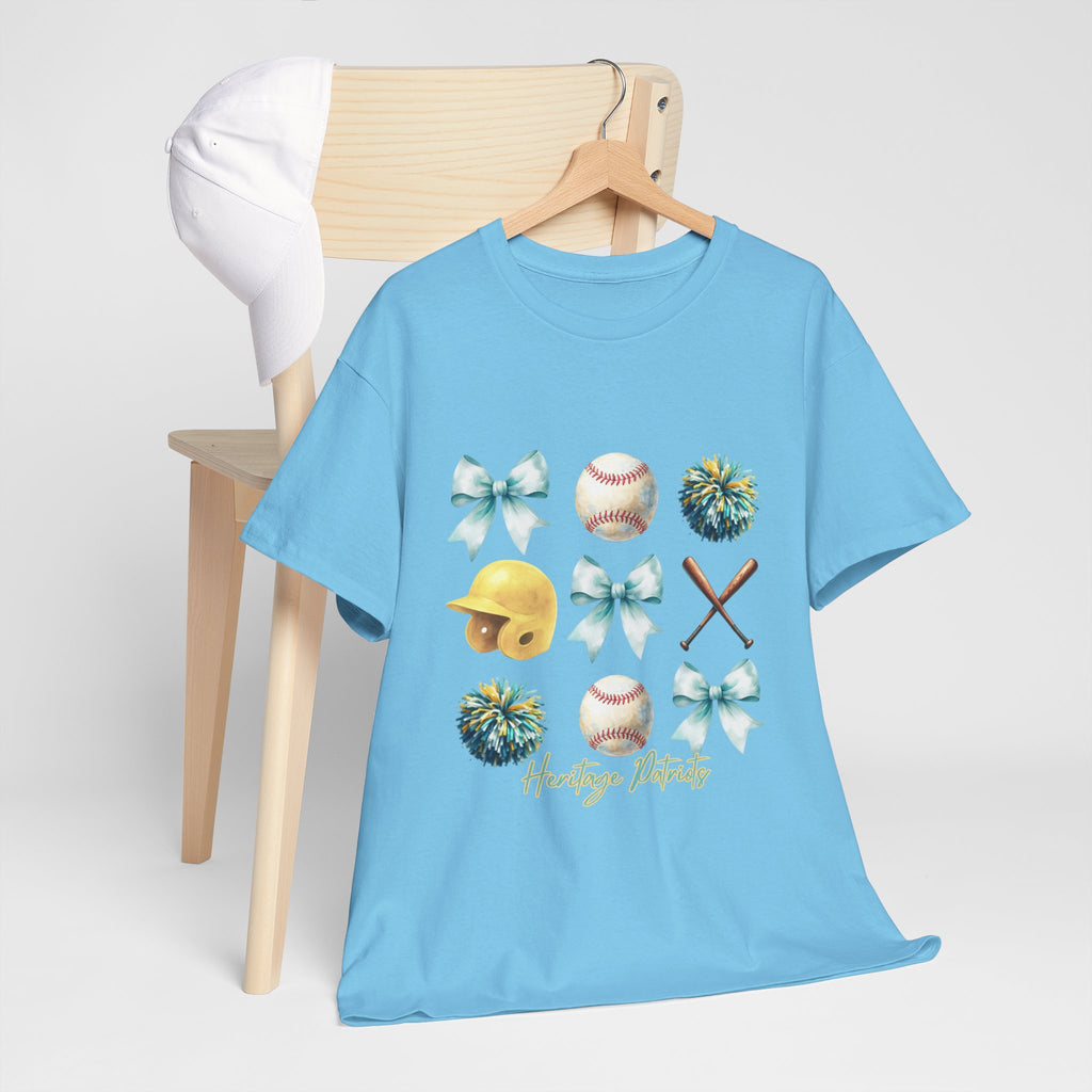 Heritage Baseball Grid with Bows Tee | Helmet, Bat, Ball, Pom Poms